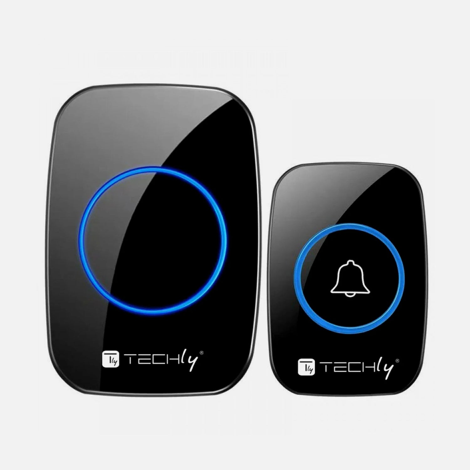 Techly I-BELL-RING04 wireless doorbell kit: black gloss receiver and transmitter with blue illuminated rings