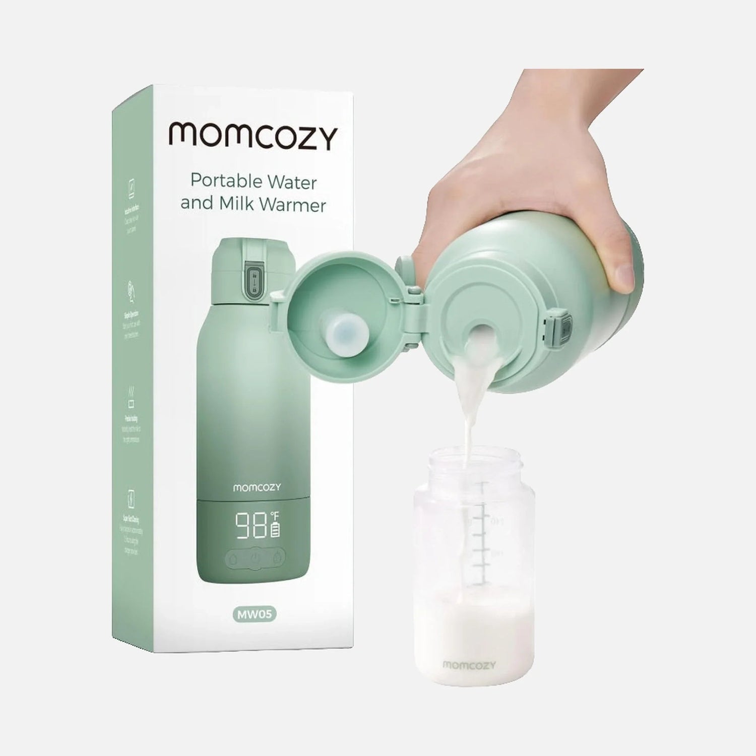 Momcozy MW005-GE94BA-A portable bottle warmer in green, shown against a white background