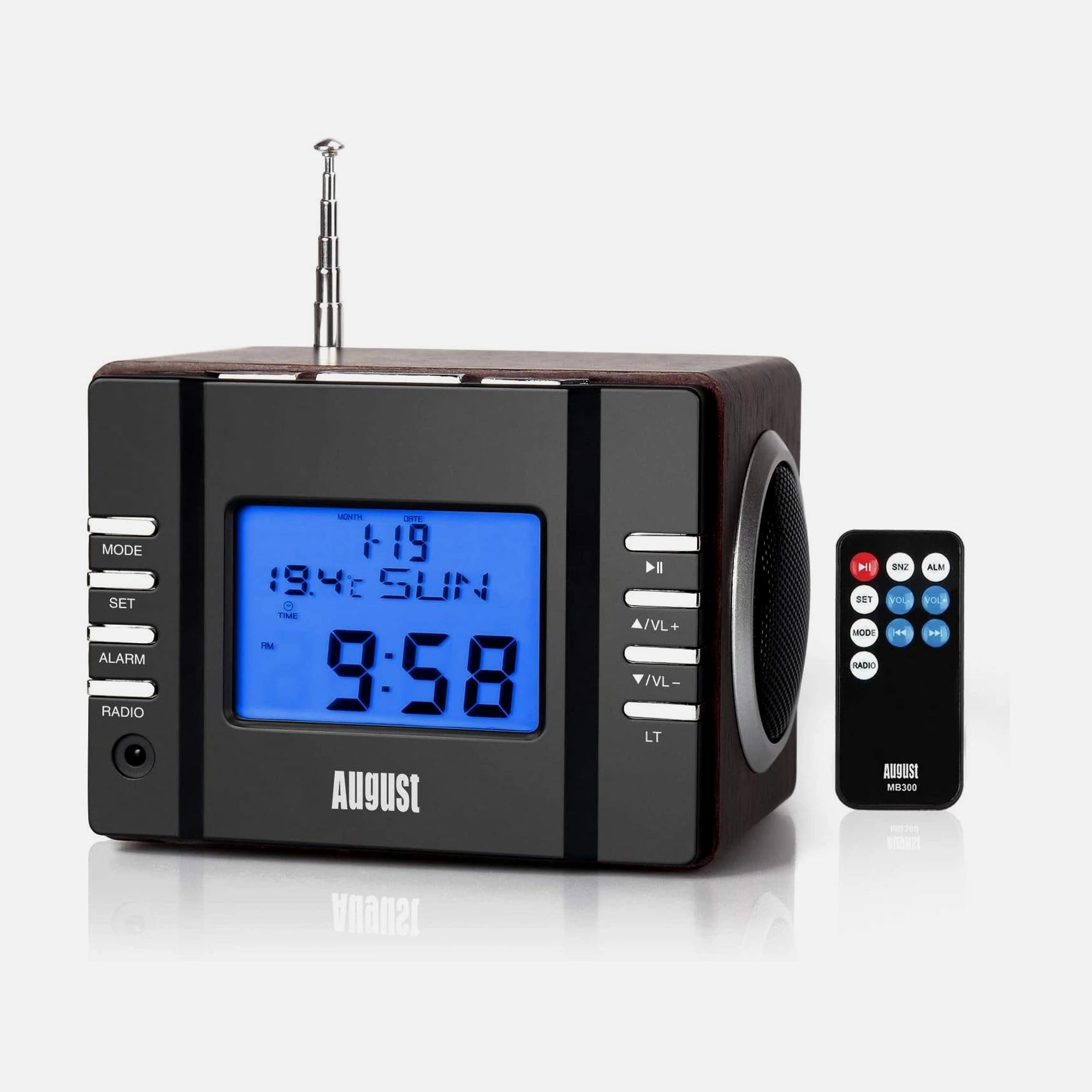 August MB300B Mini MP3 Musicbox FM Clock Radio Brown