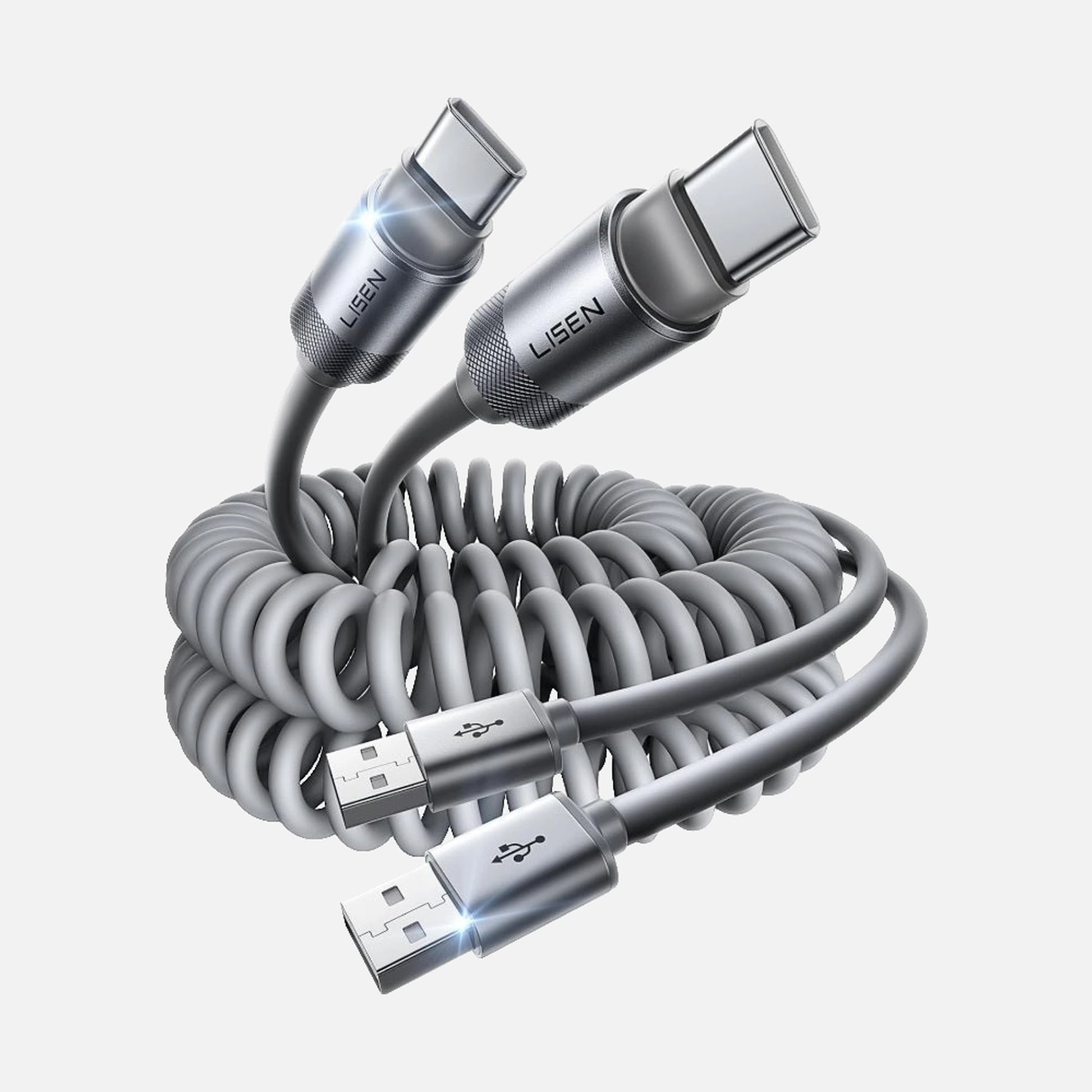 Lisen 2E361 – Coiled USB-C to USB-A Cable Set of 2, 0.7–1.5m, 480Mbps, Gray