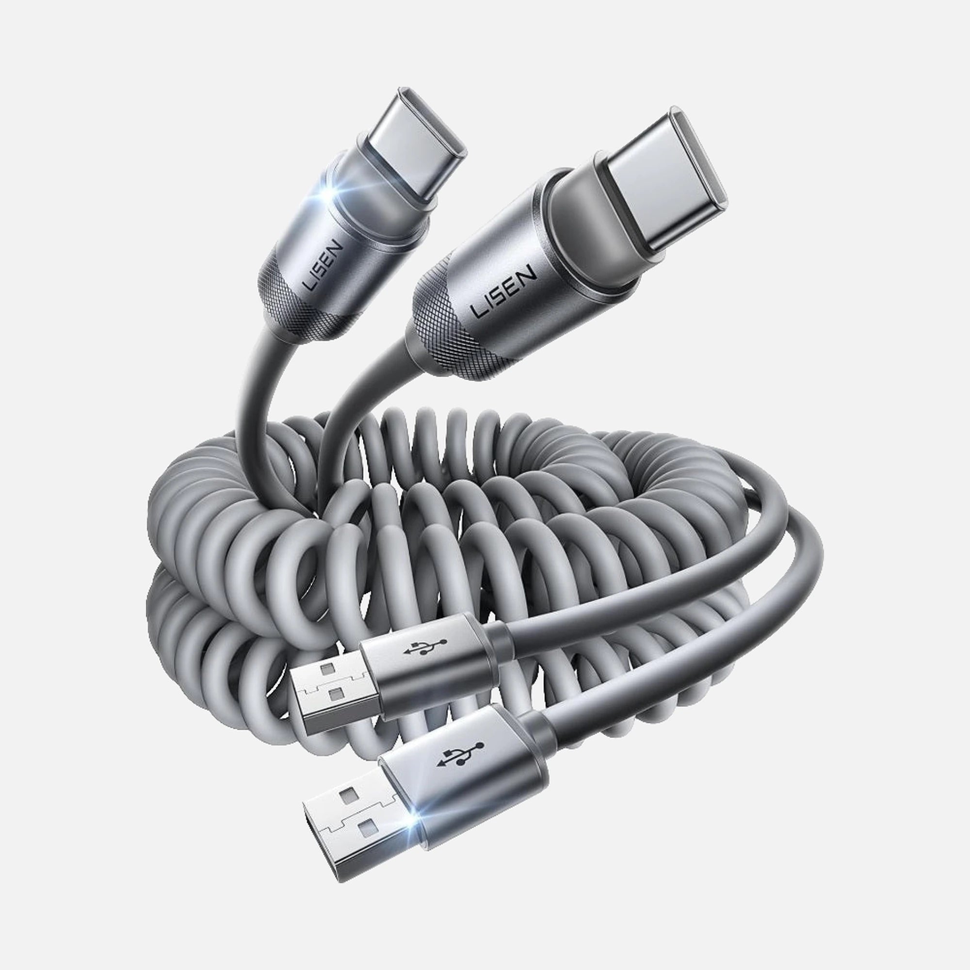 Lisen 2E361 – Coiled USB-C to USB-A Cable Set of 2, 0.7–1.5m, 480Mbps, Gray