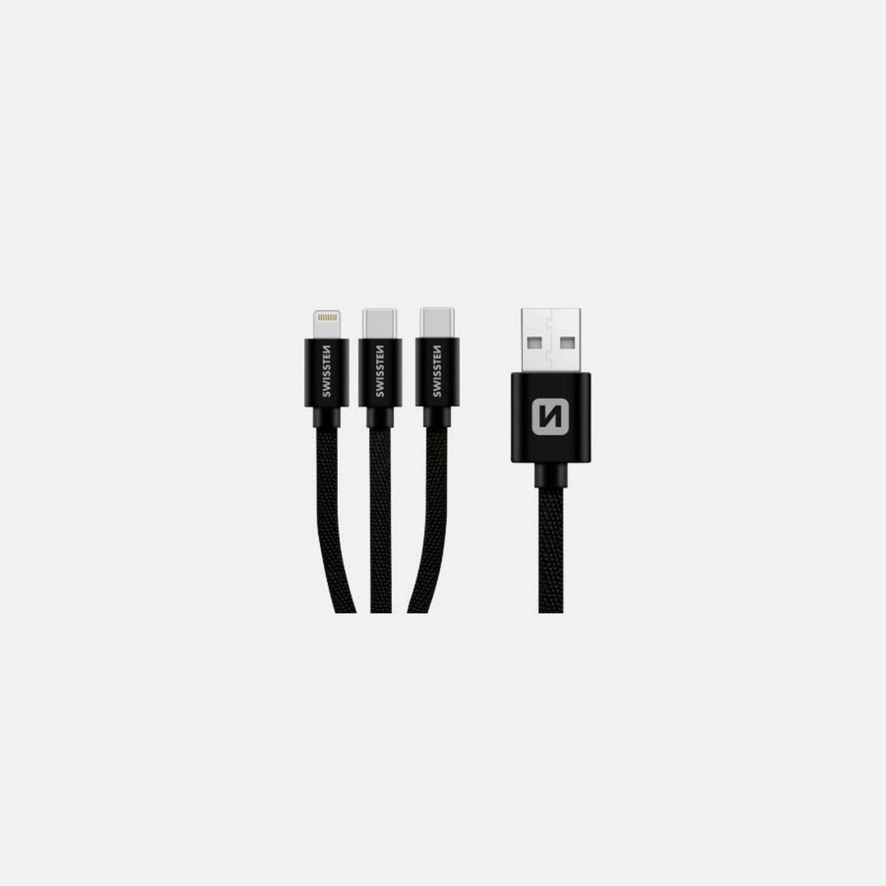 Swissten 72501103 TEXTILE 3-in-1 Cable – USB-A to Lightning & 2×USB-C, 1.2m, Nylon, Black