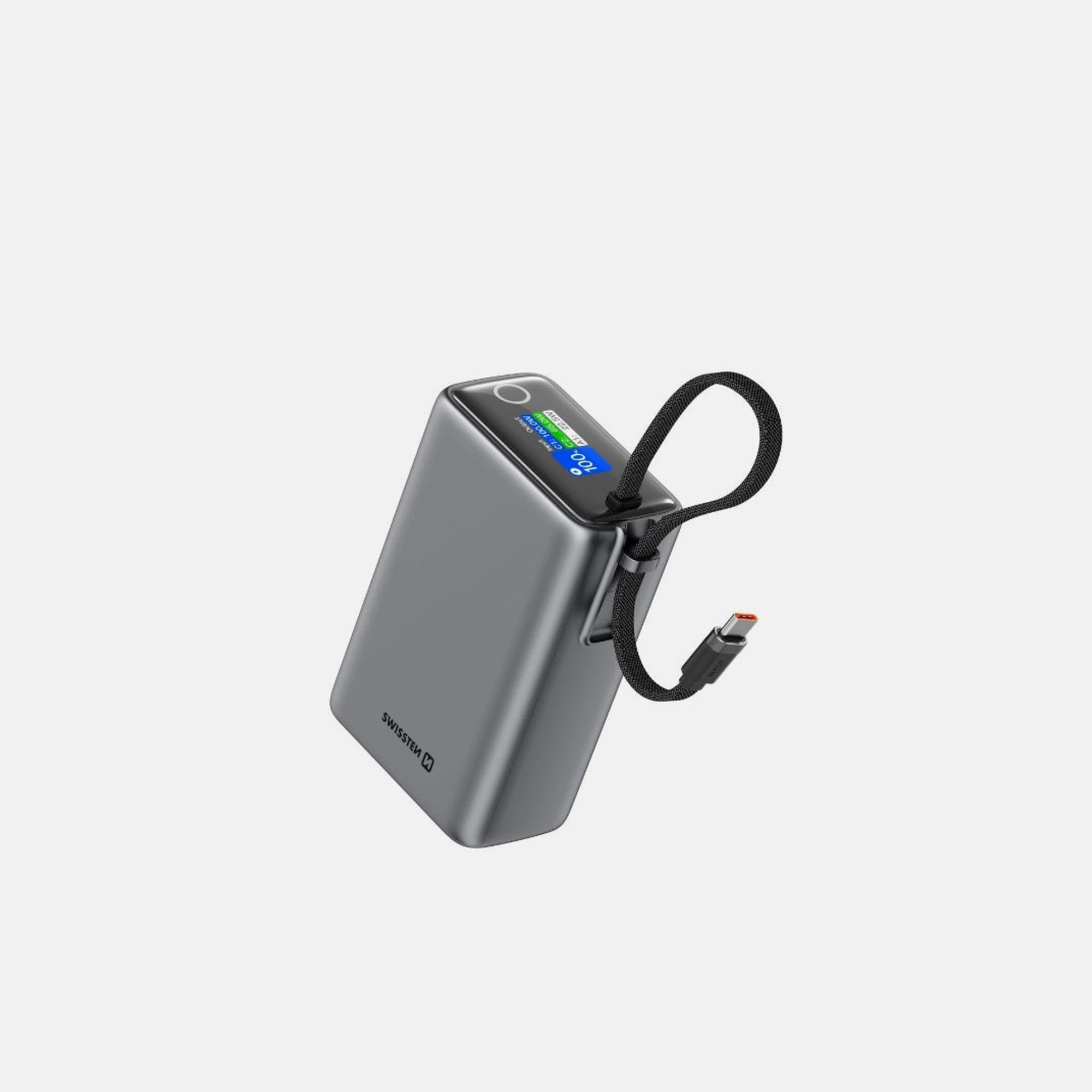 Swissten 22013977 Power Bank 25000 – 25,000mAh, 100W USB-C PD & Built-in Cable, Digital Display, Grey