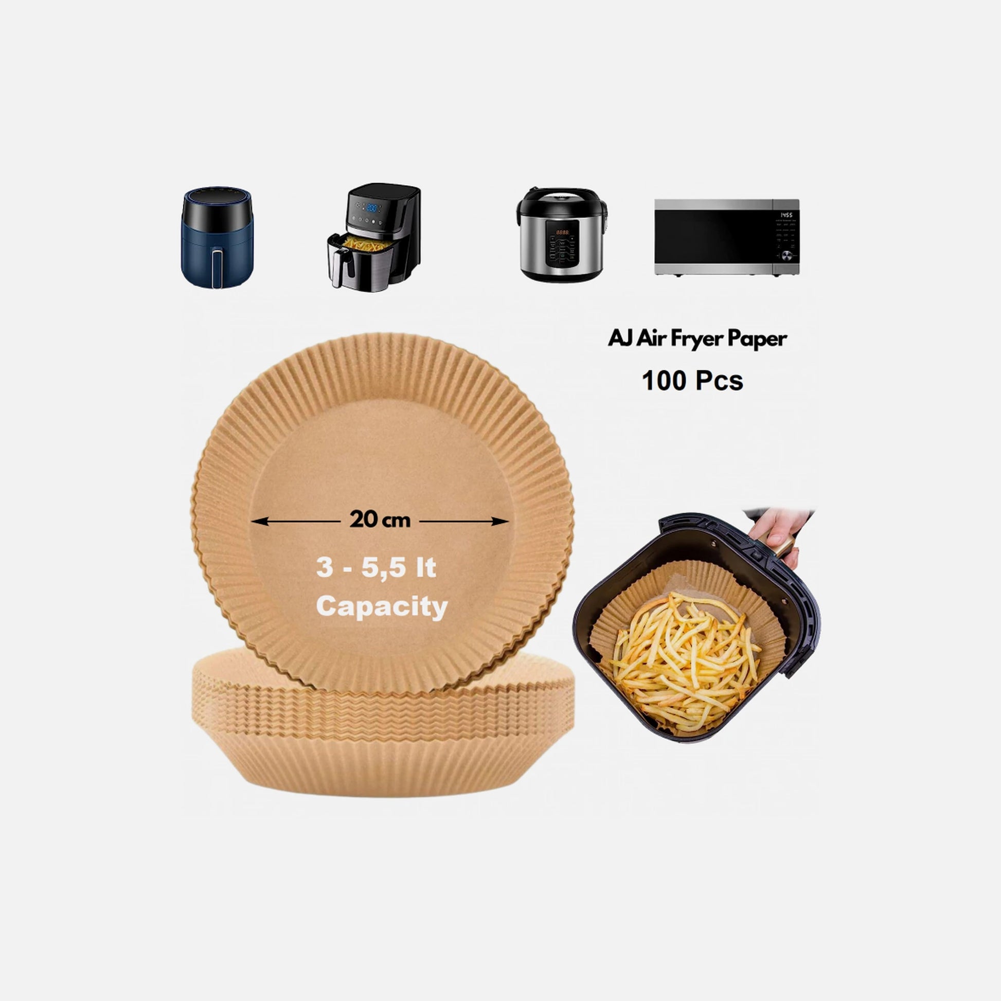 AJ Air Fryer Disposable Paper Liners 20cm Round – Non-Stick, 100-Pack