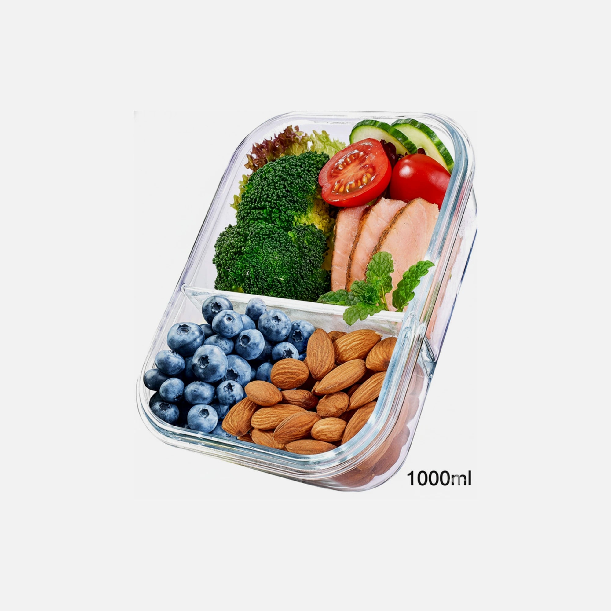 AJ Glass Meal Prep Container 2-Compartment with Airtight Lid 1000ml – Clear