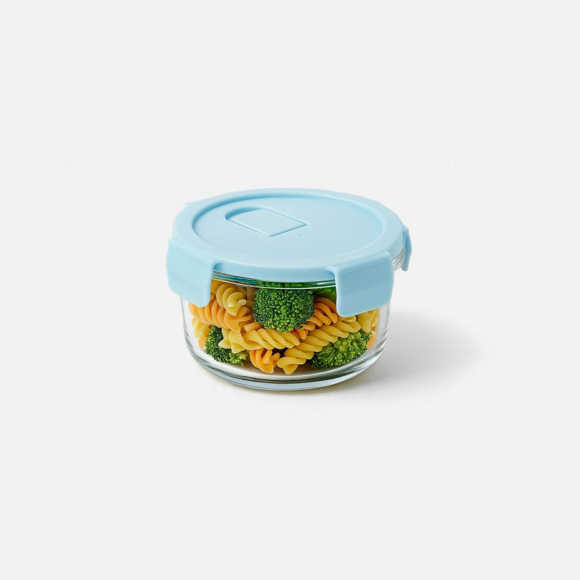 AJ Glass Food Container Round 420ml – Airtight, Light Blue Lid