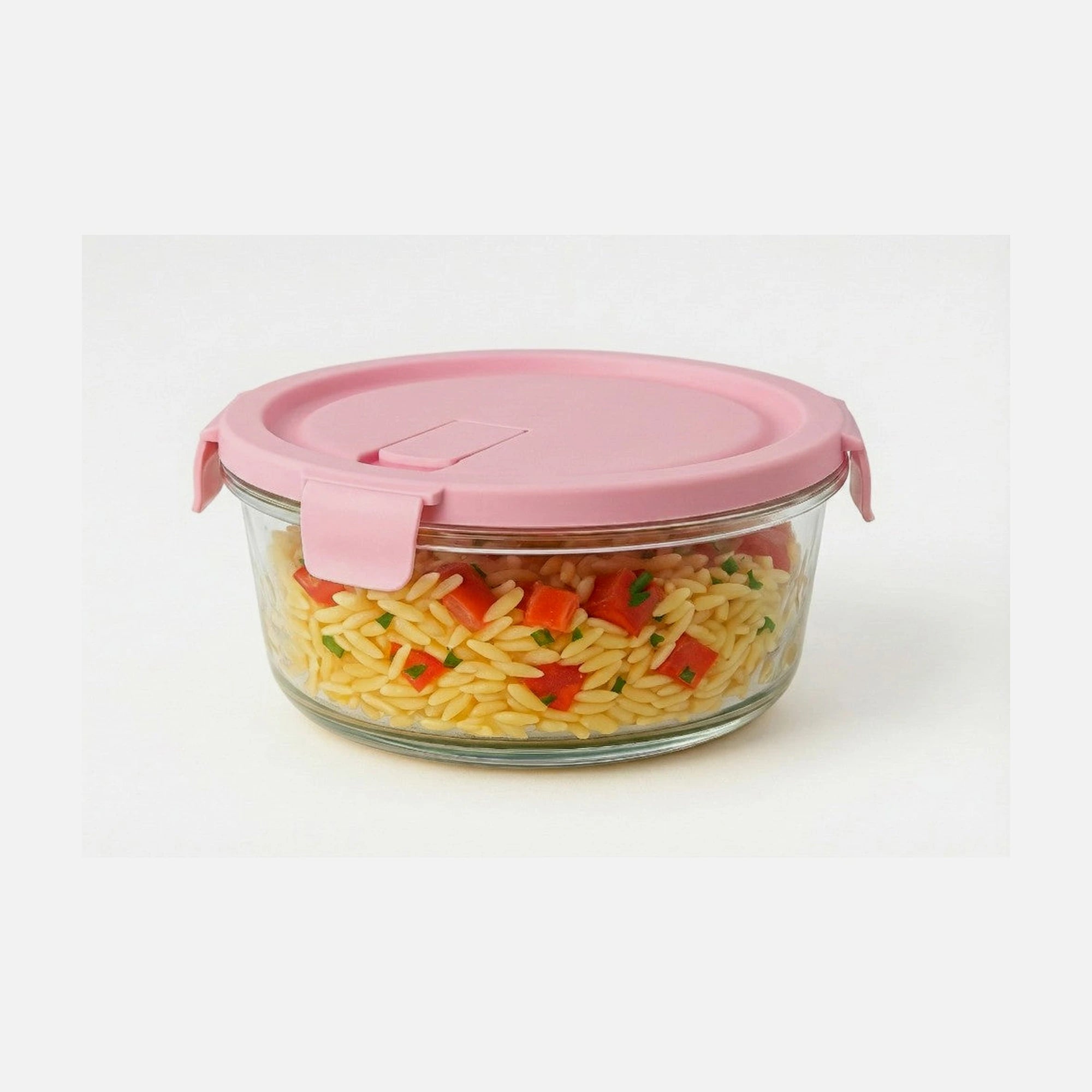 AJ Glass Food Container Round 660ml 15x6cm – Airtight, Pink Lid