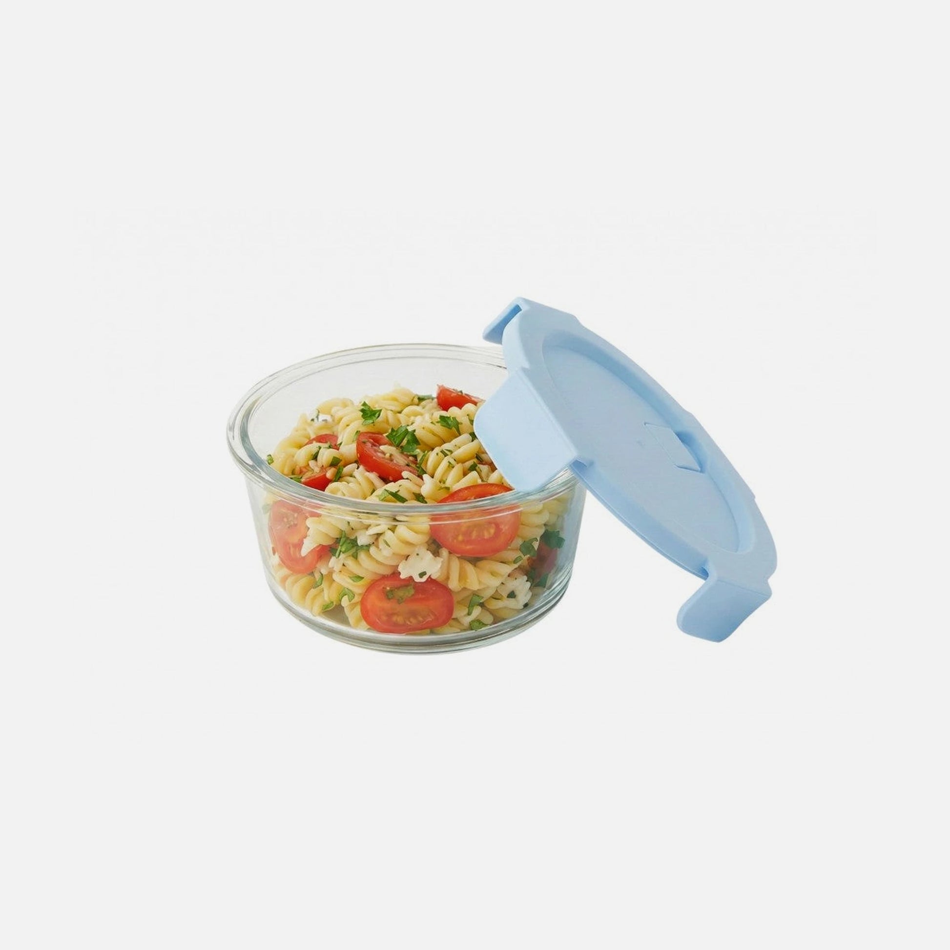 AJ Glass Food Container Round 660ml 15x6cm – Airtight, Light Blue Lid