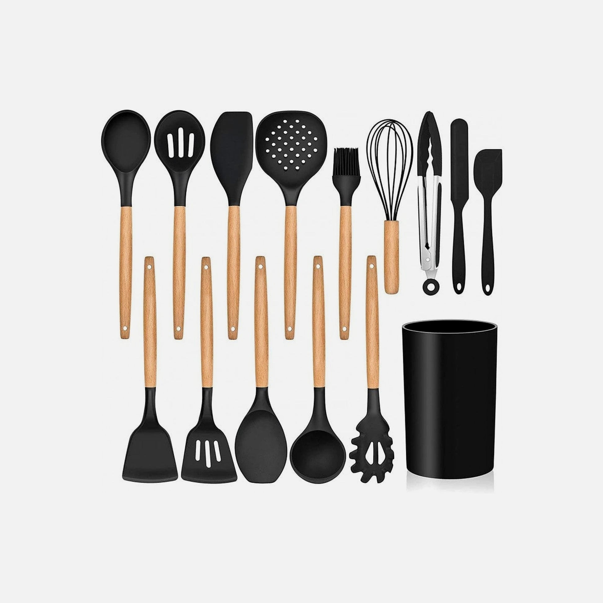 AJ 14-Piece Silicone Kitchen Utensil Set with Stainless Steel Handles, Black