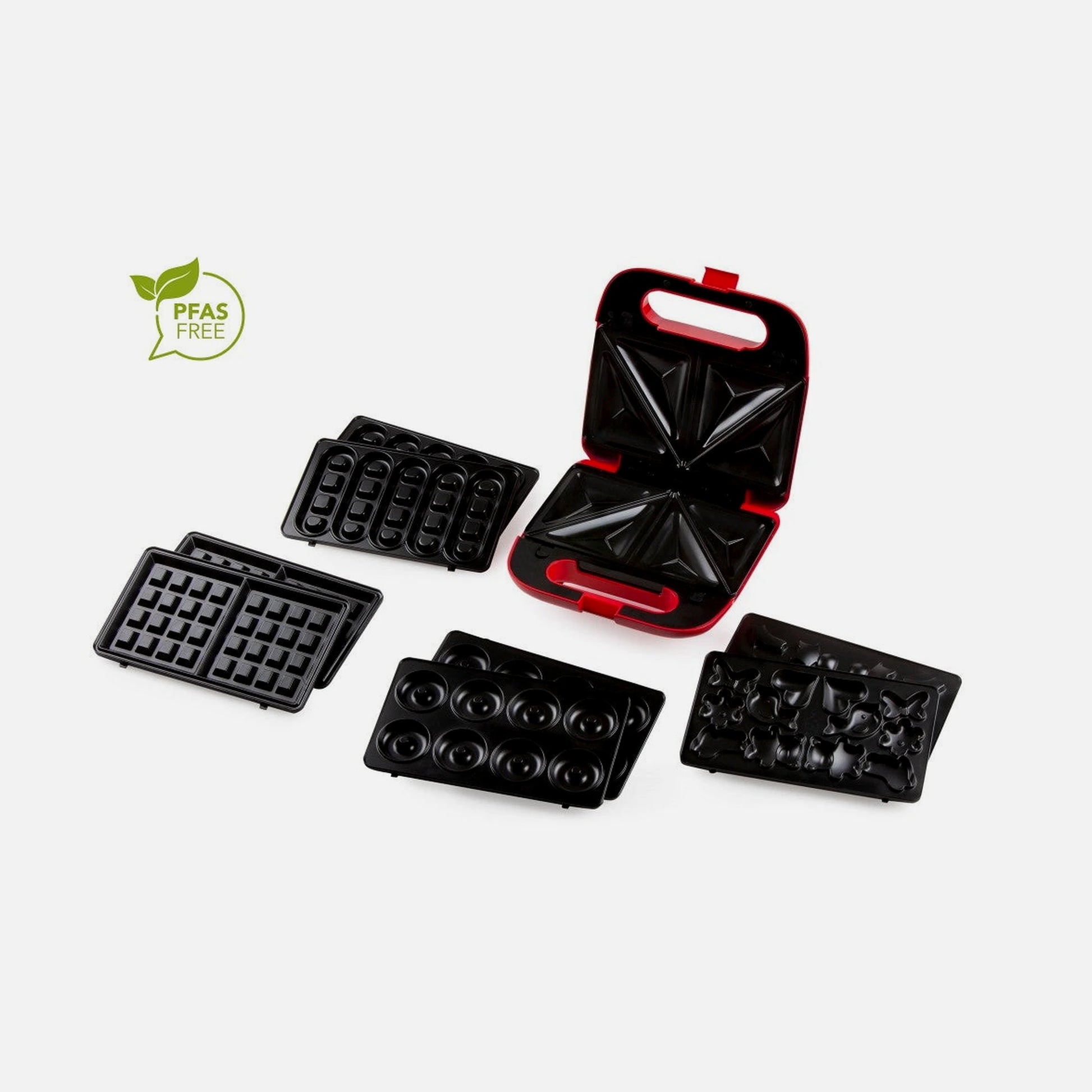 DOMO Snack Party 5-in-1 – Toaster / Snack Maker, 5 Removable Plates, PFAS-free, Red