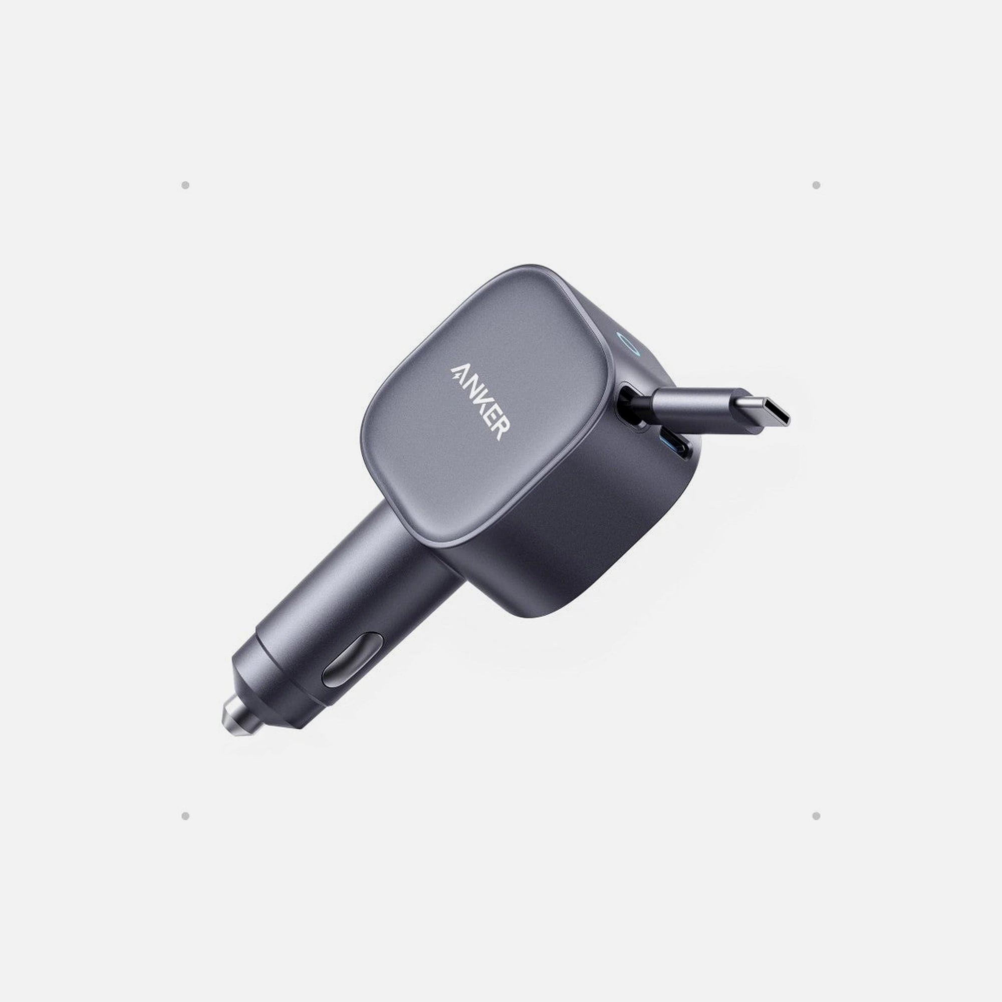 Anker Nano Car Charger 75W – Retractable USB-C Cable + USB-C Port, Grey