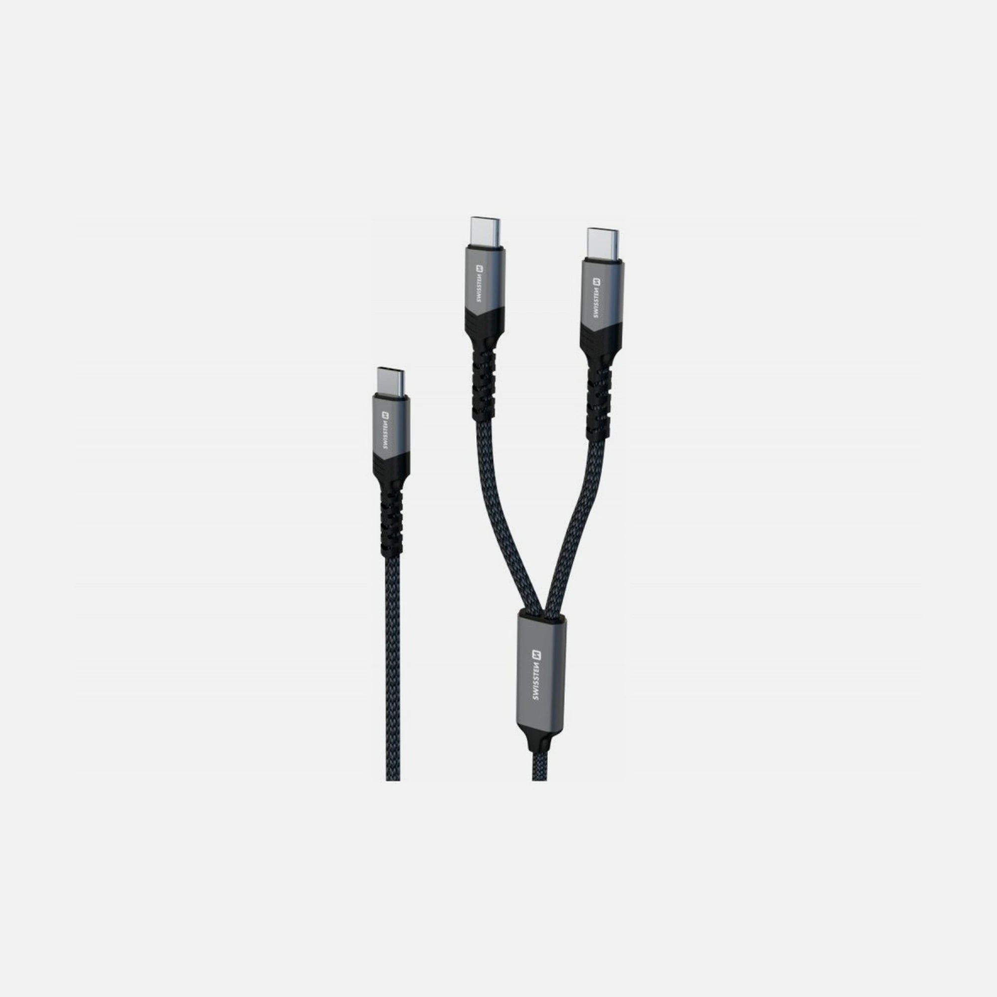 Swissten 2-in-1 USB-C Cable 1.2m – Dual USB-C, 100W Total, Black