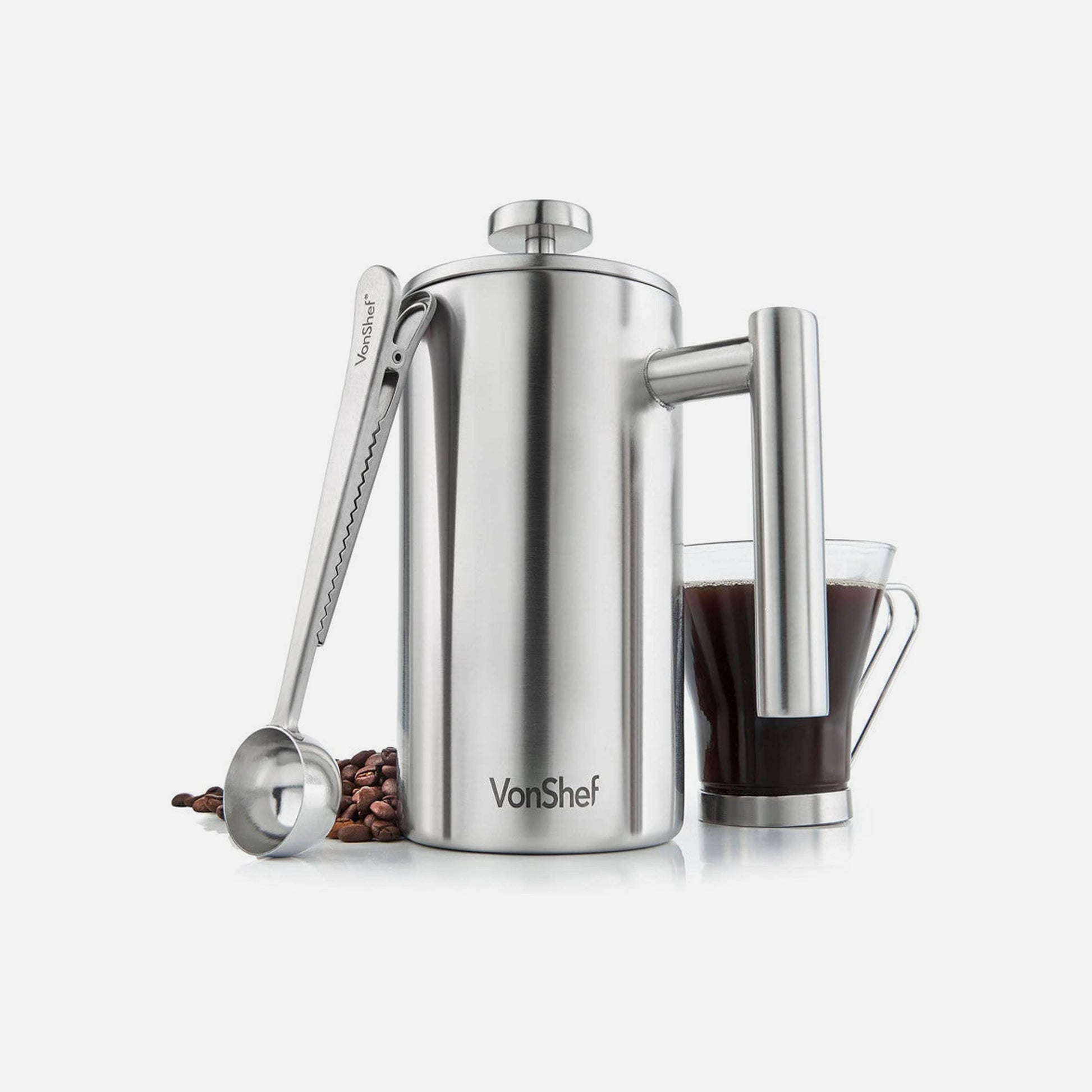 VonShef Stainless Steel Cafetière 600ml French Press with 2-in-1 Spoon Clip
