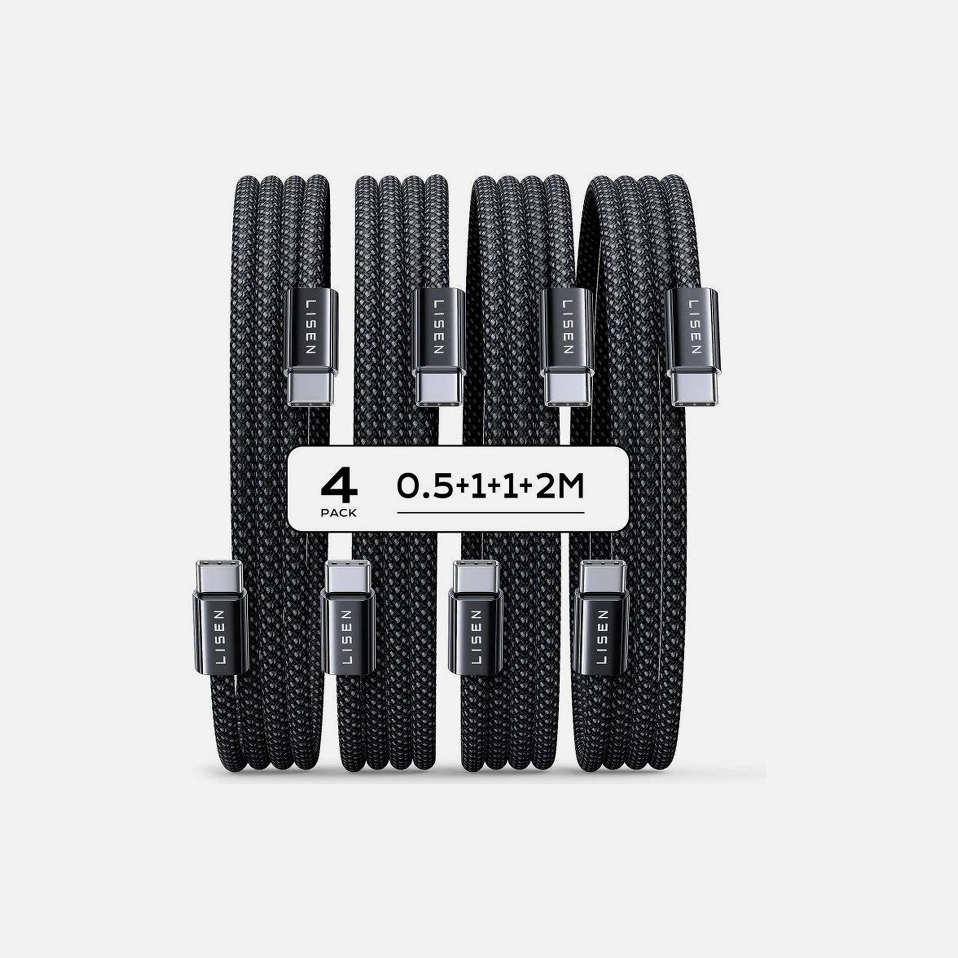 Lisen 4-Pack USB-C to USB-C Cables 60W PD 3.0 Nylon Braided 0.5m + 1m×2 + 2m – Black
