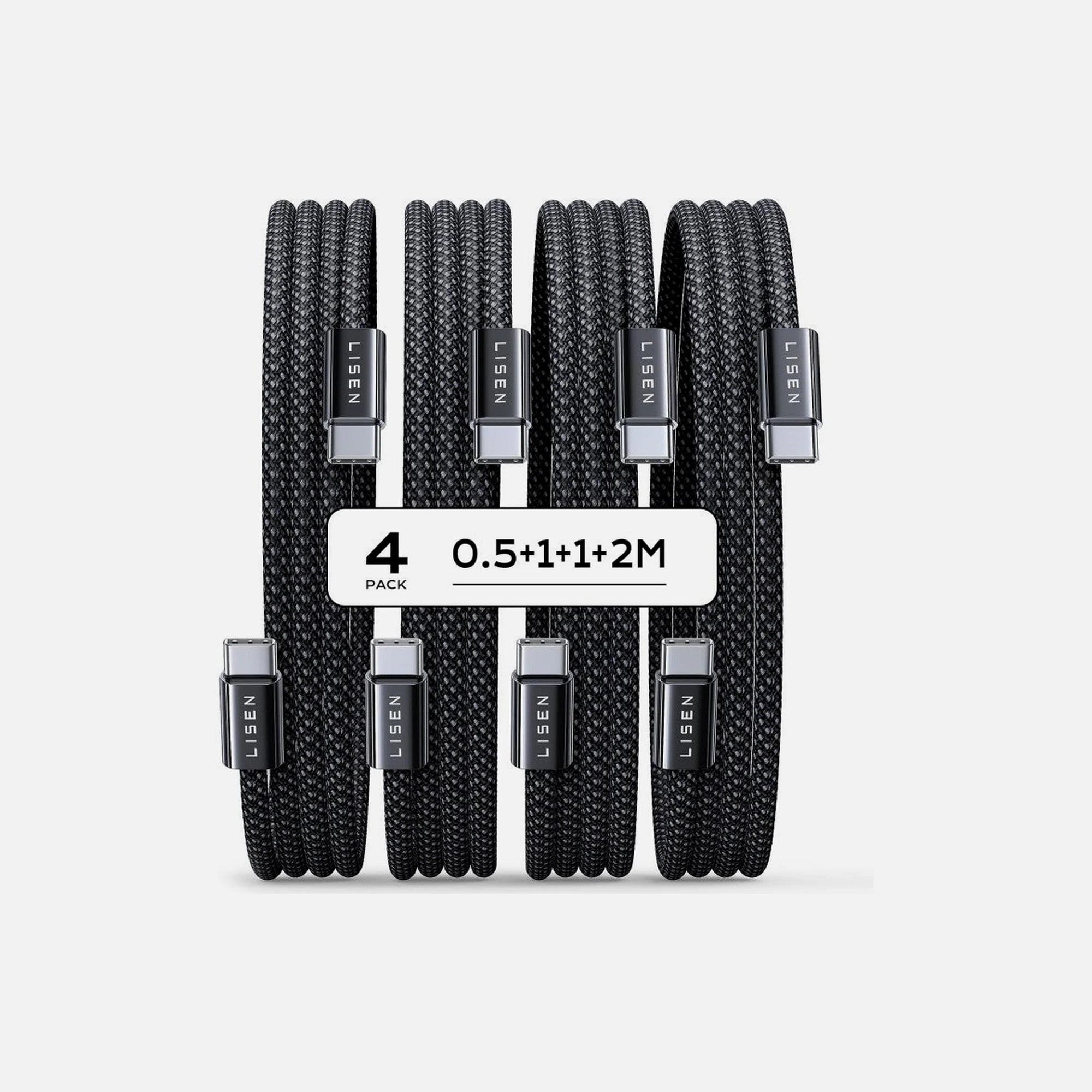 Lisen 4-Pack USB-C to USB-C Cables 60W PD 3.0 Nylon Braided 0.5m + 1m×2 + 2m – Black