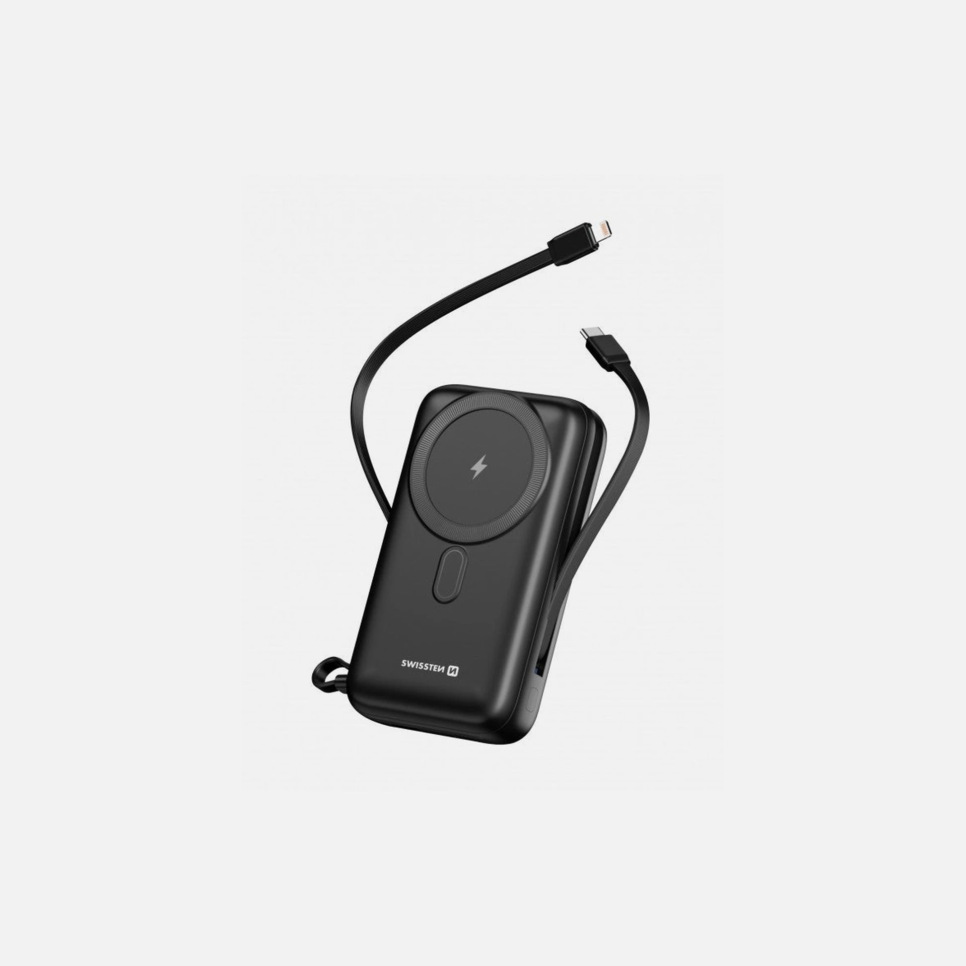 Swissten 20K Magnetic MagSafe Power Bank 20.000mAh Qi2 15W with 2 Built-in USB-C & Lightning Cables – Black