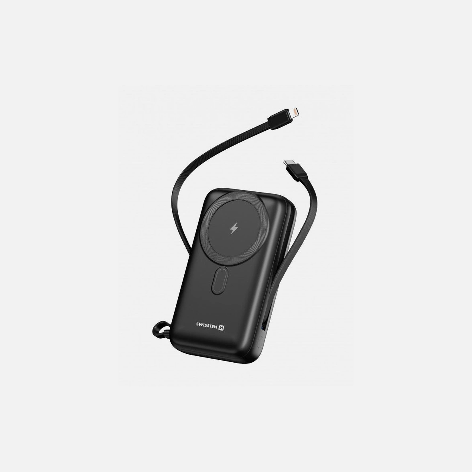 Swissten 20K Magnetic MagSafe Power Bank 20.000mAh Qi2 15W with 2 Built-in USB-C & Lightning Cables – Black