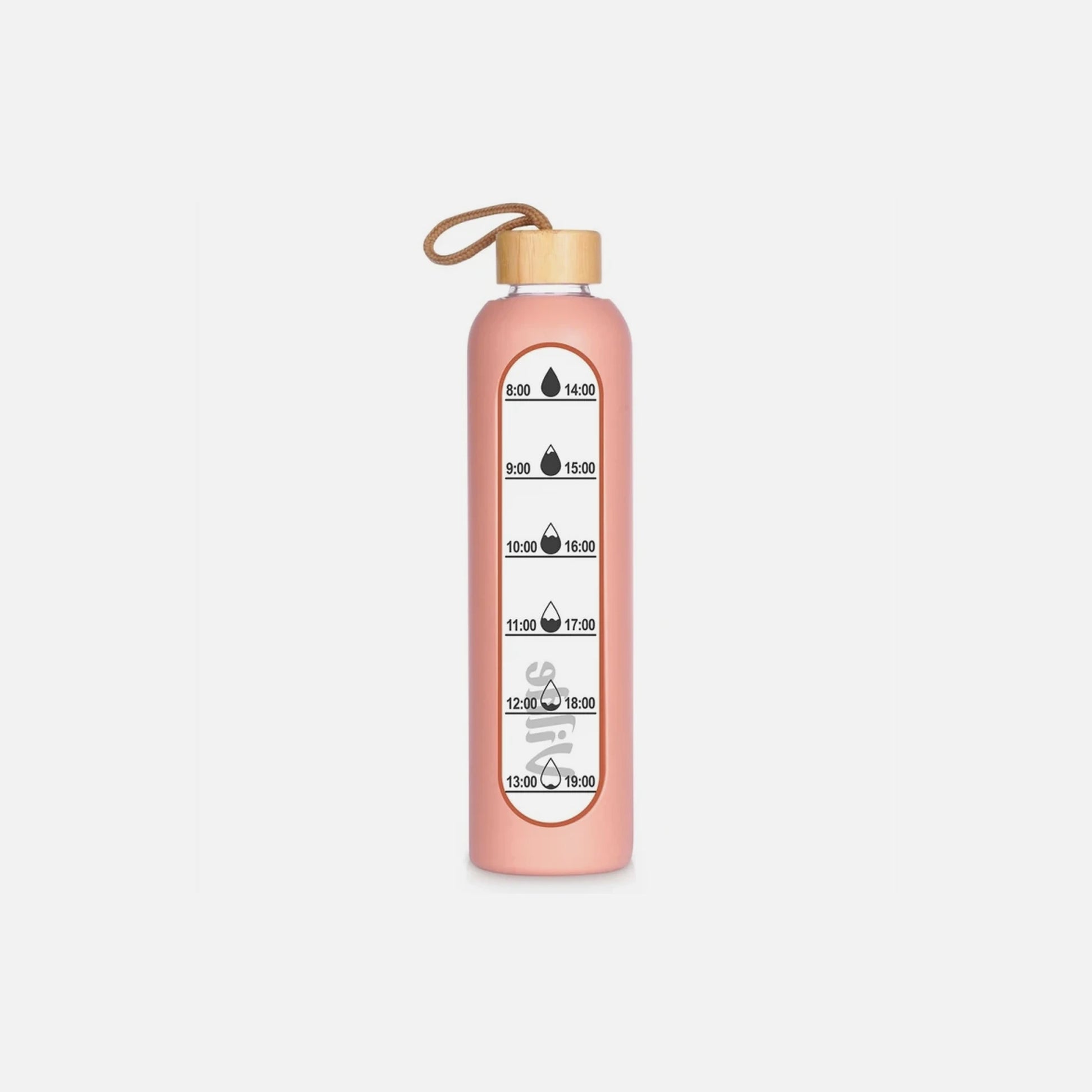 Vilde Glass Water Bottle 1L with Time Markings, Airtight Bamboo Lid & Silicone Sleeve – Pink
