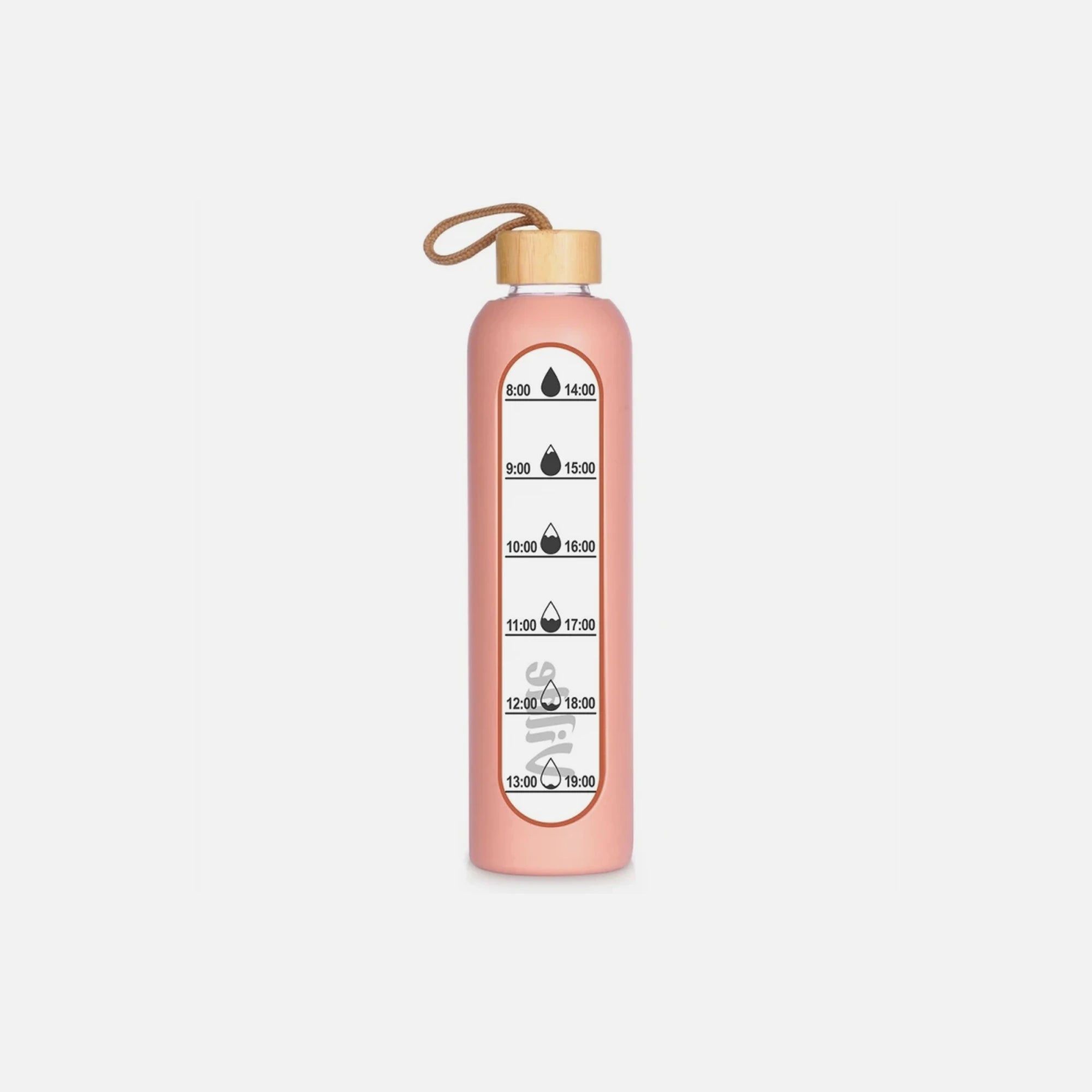 Vilde Glass Water Bottle 1L with Time Markings, Airtight Bamboo Lid & Silicone Sleeve – Pink