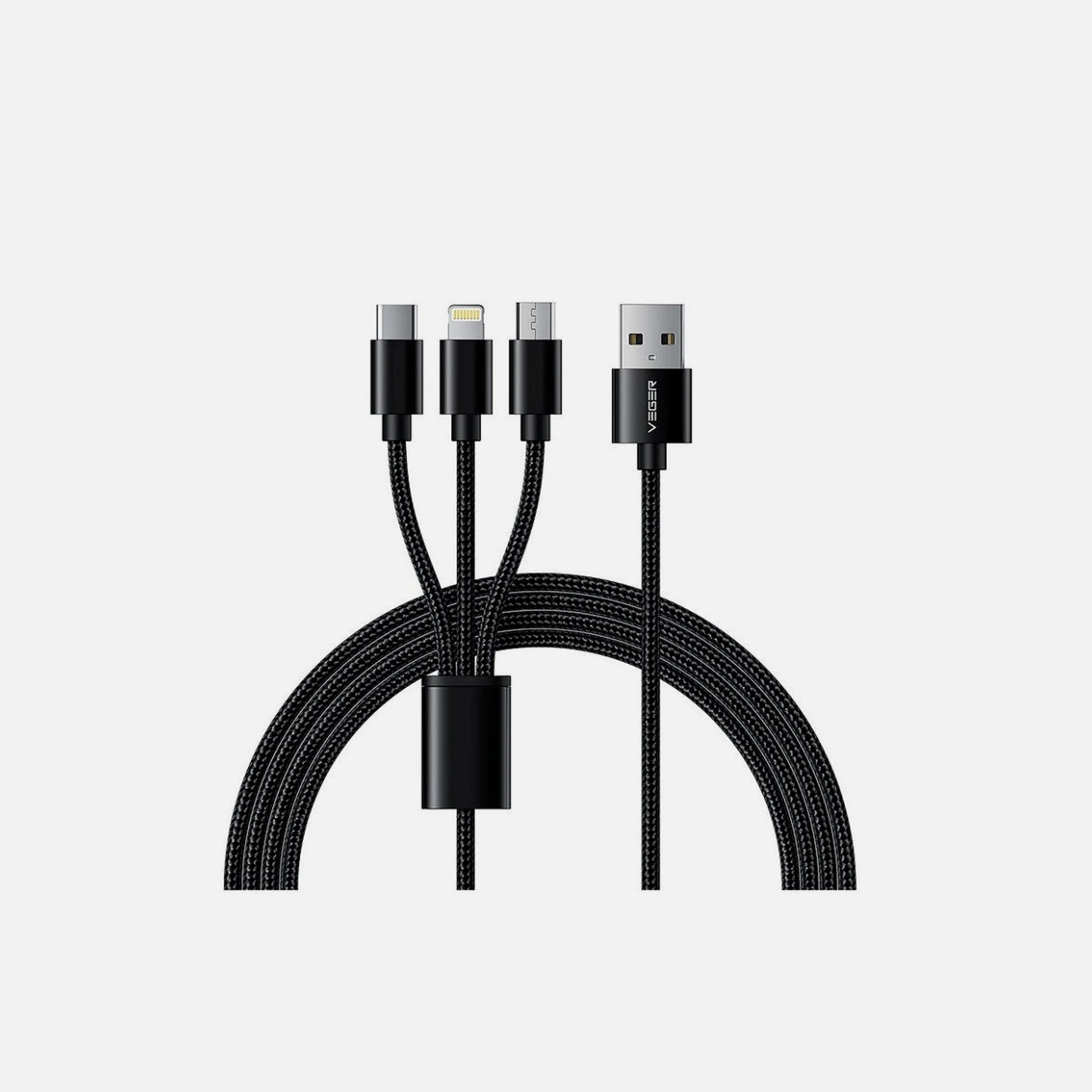 Veger V303 3-in-1 USB-A Cable 1.5m – Lightning / USB-C / Micro-USB, Nylon Braided, Black