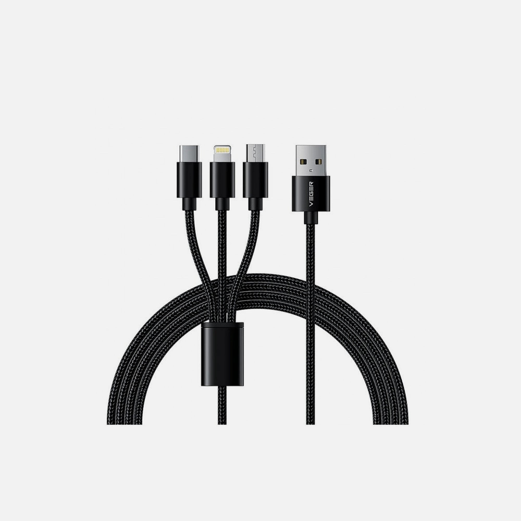 Veger V303 3-in-1 USB-A Cable 1.5m – Lightning / USB-C / Micro-USB, Nylon Braided, Black