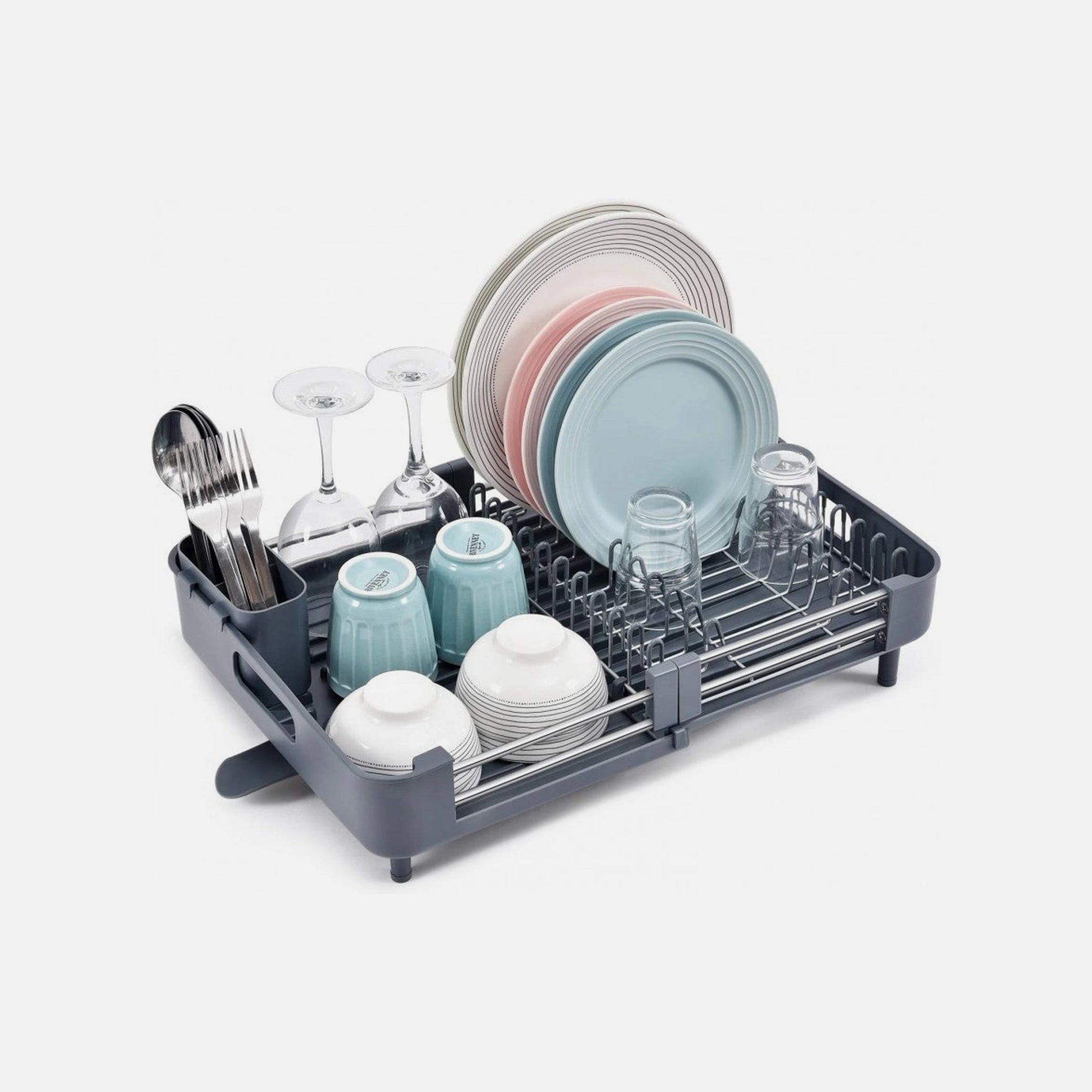 AJ Extendable Dish Rack 32-49 x 34 x 11 cm – Sink Drying Rack with Cutlery Holder, Dark Grey