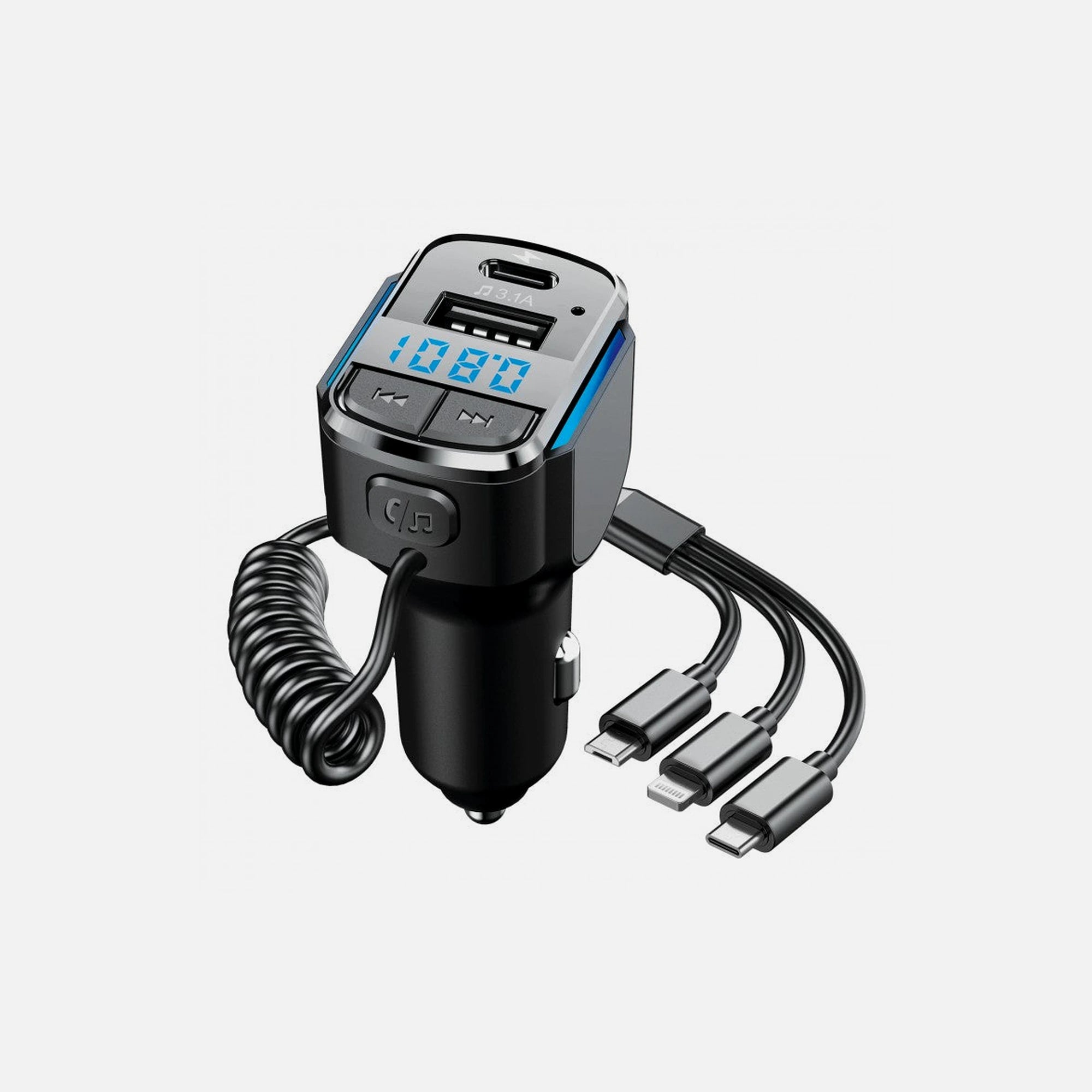 AJ Car FM Transmitter Bluetooth Handsfree & QC3.0 Charger – 3-in-1 Cable, LED Display, USB