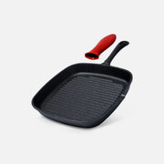 Vilde Premium Cast Iron Grill Pan 24 cm – Ridged Square Pan, Silicone Handle Grip
