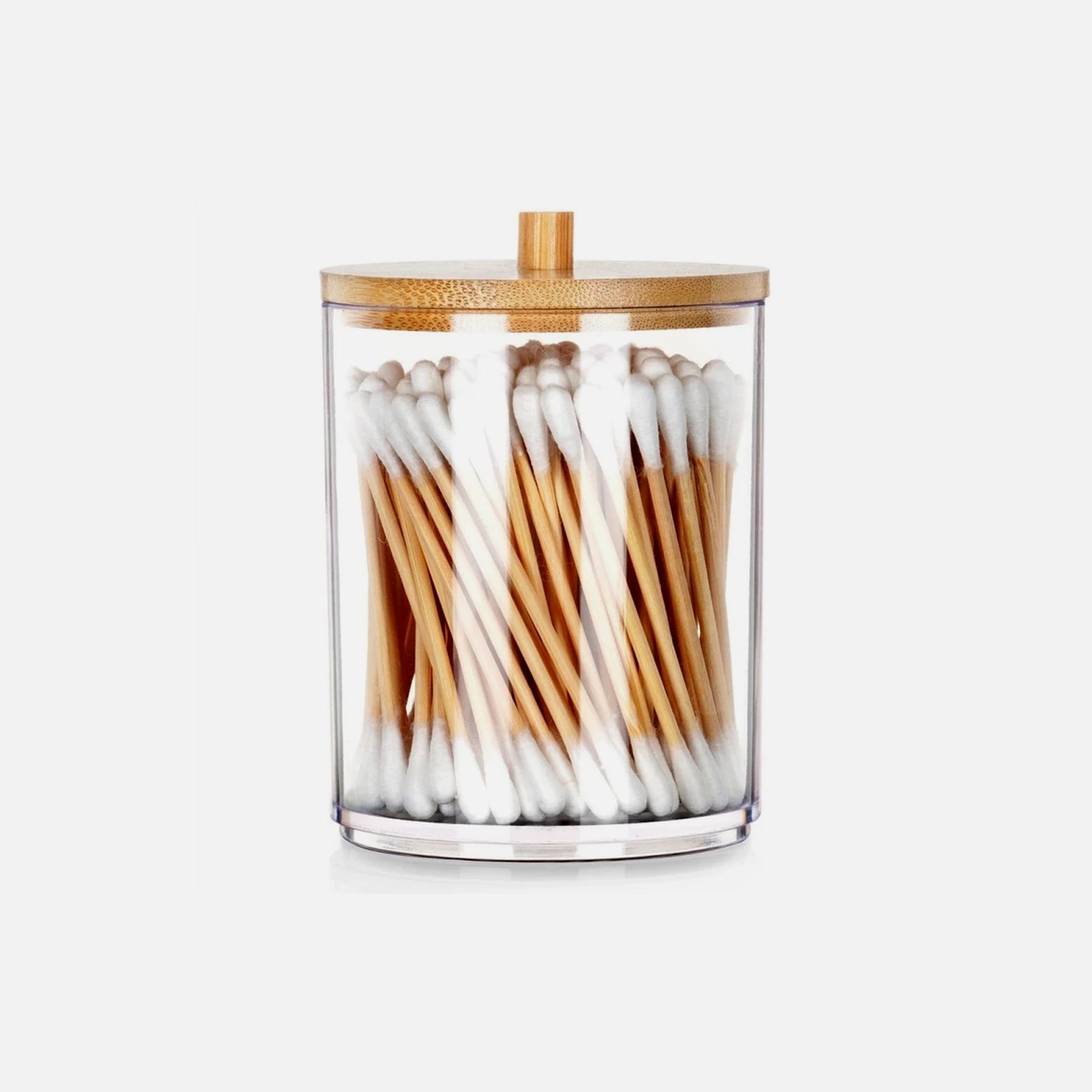 Vilde Cotton Swab & Cotton Pad Holder with Bamboo Lid – Clear Acrylic Bathroom Organizer