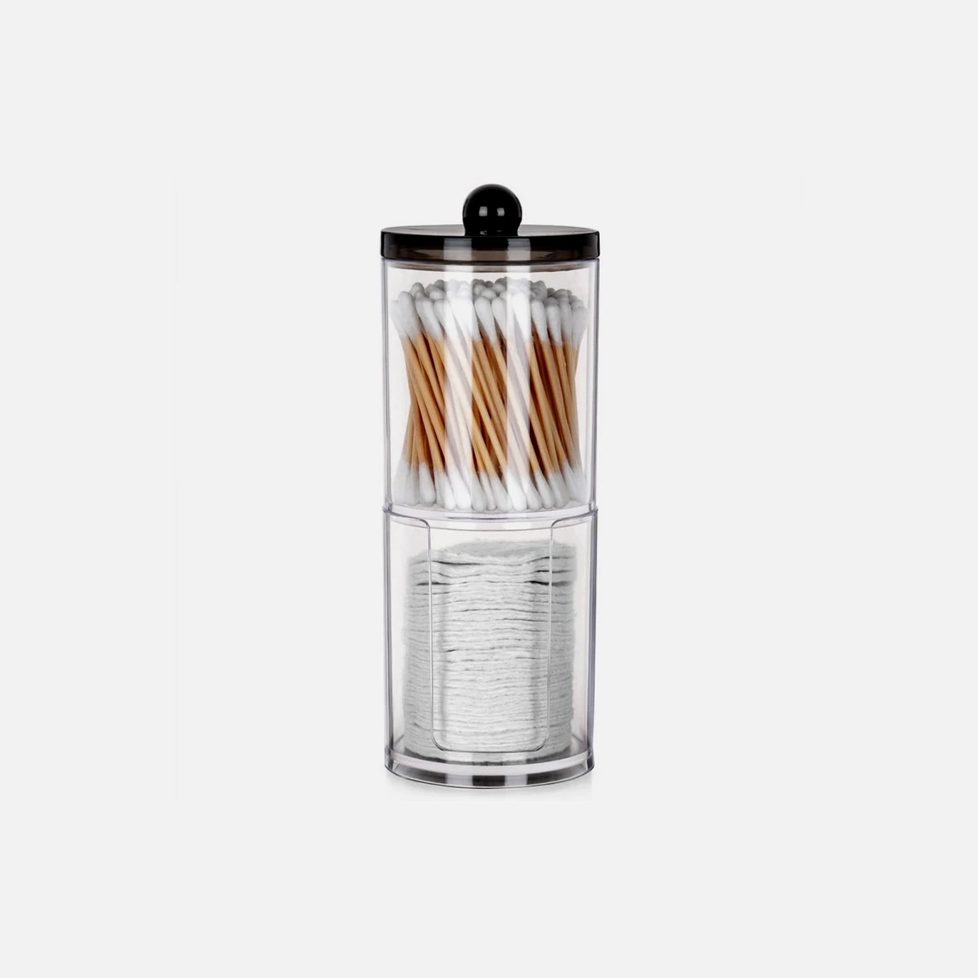 Vilde 2-Tier Cotton Swab & Pad Container with Black Lid – Stackable Acrylic Organizer