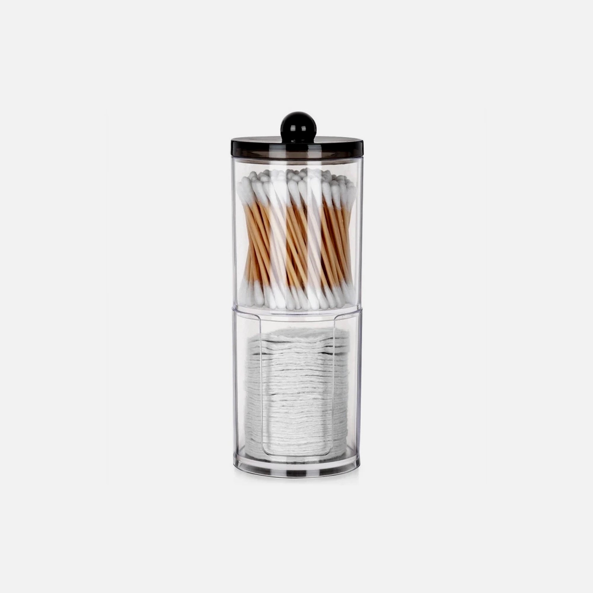 Vilde 2-Tier Cotton Swab & Pad Container with Black Lid – Stackable Acrylic Organizer