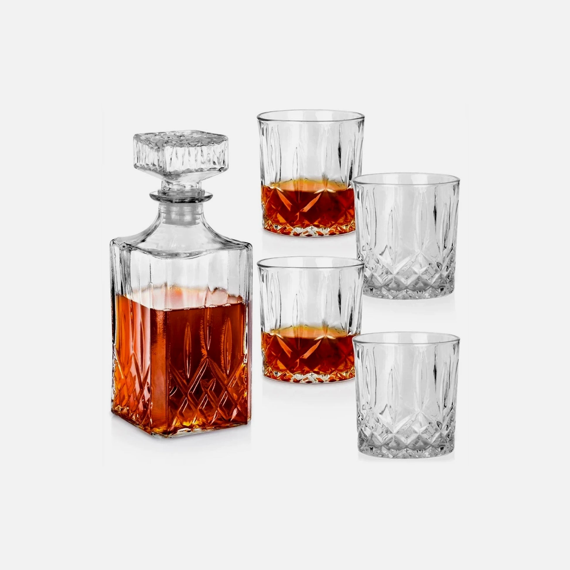 Vilde Whisky Glasses & Decanter Set – 4 Glasses (300 ml) + Decanter (900 ml) Embossed Glass