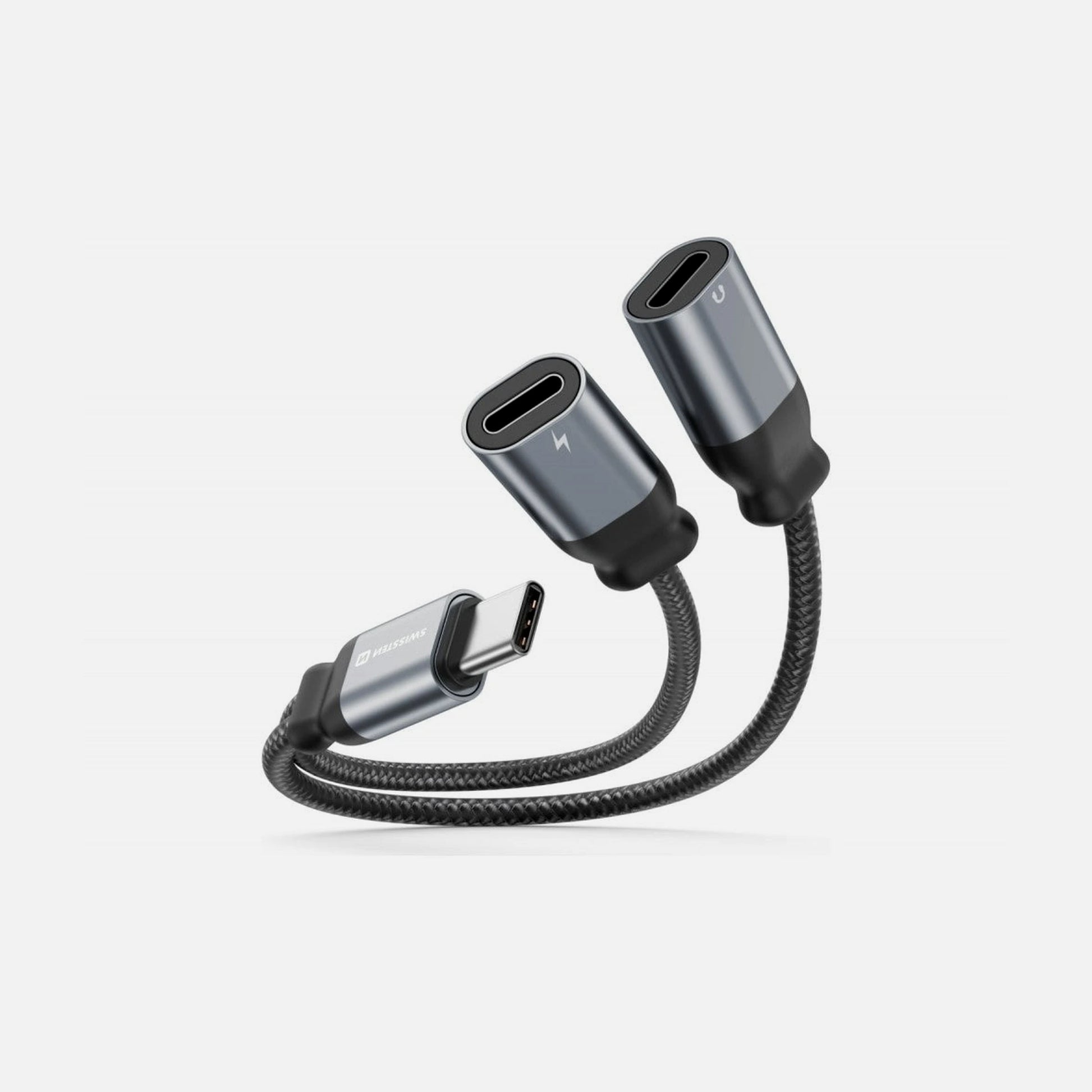 Swissten 2-in-1 USB-C Splitter – USB-C Male to 2× USB-C Female Audio + Charging Adapter, 12 cm Braided, Black