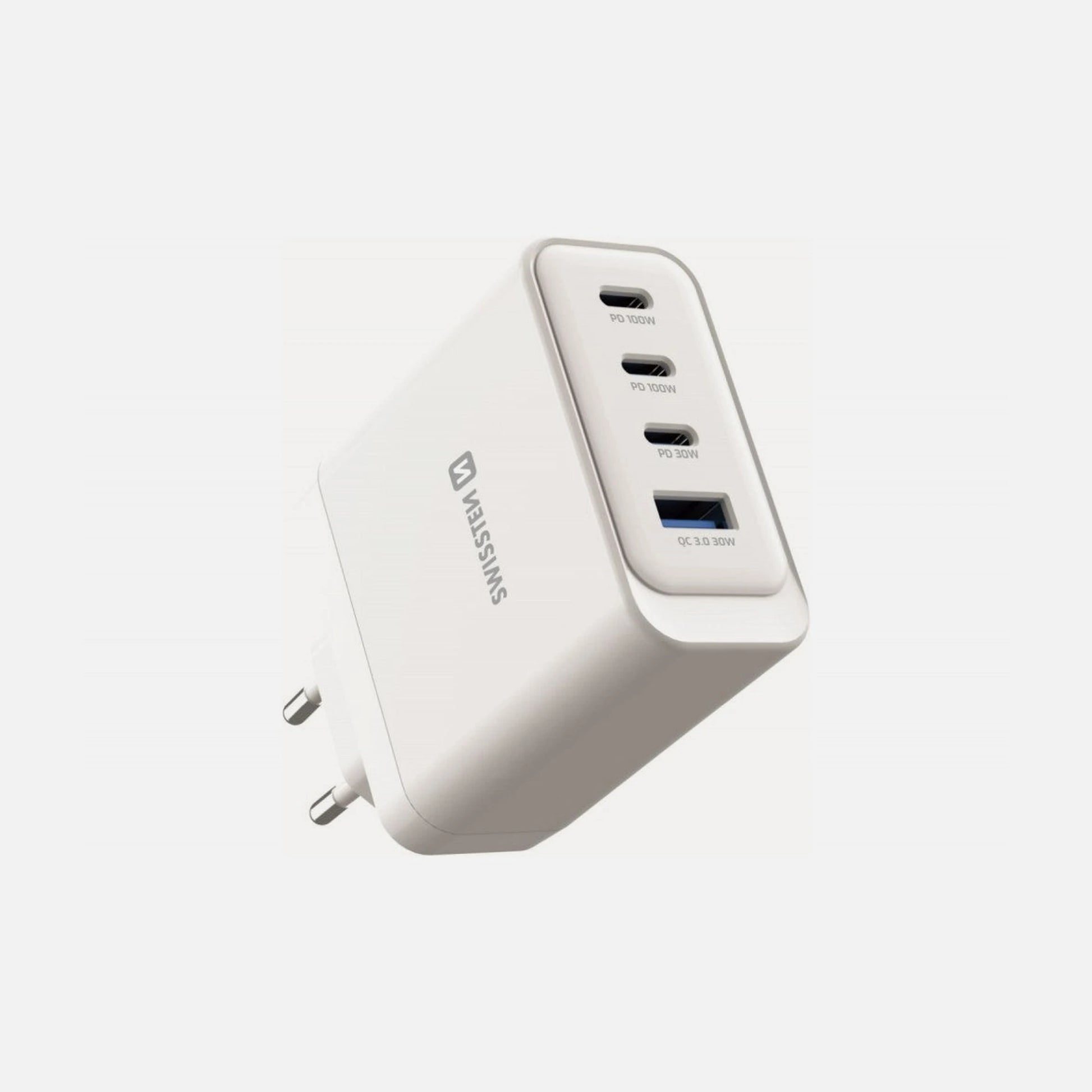 Swissten Core 100W GaN Wall Charger – 3× USB-C + USB-A, PD/PPS/AVS, White