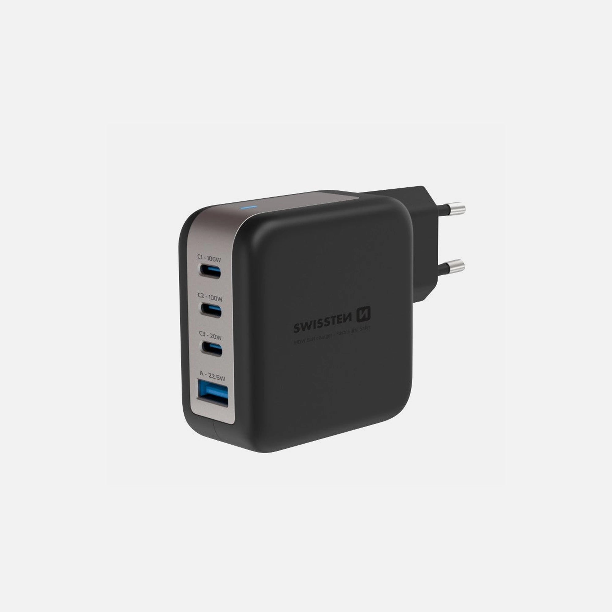 Swissten GaN 100W 4-Port Wall Charger – 3× USB-C, USB-A, PD/PPS, Black