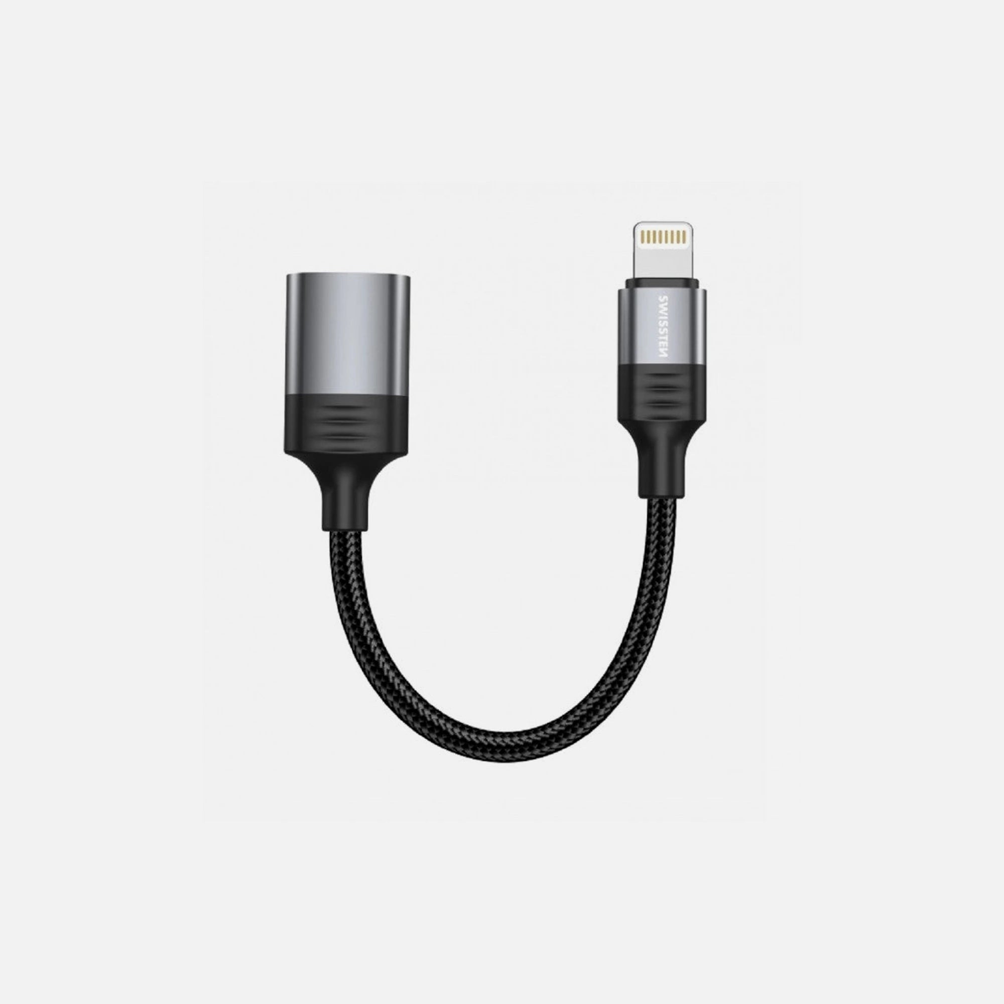 Swissten Lightning to USB-A OTG Adapter with 12cm Cable – Nylon Braided, Black