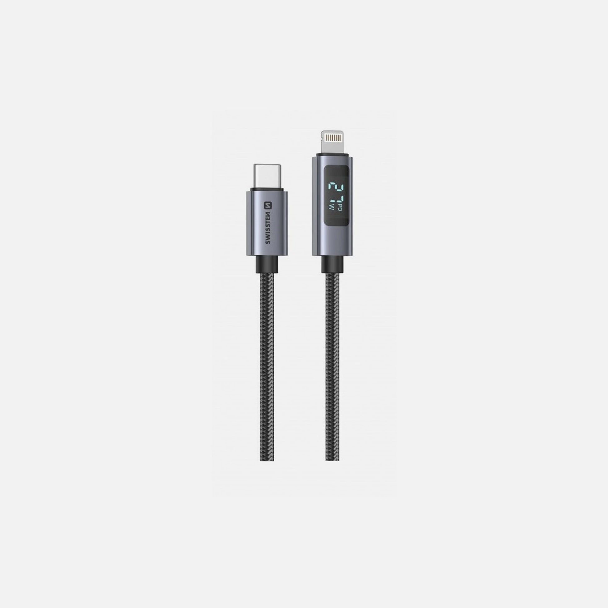 Swissten USB-C to Lightning Cable 1m 30W with LCD Display – Nylon Braided, Black