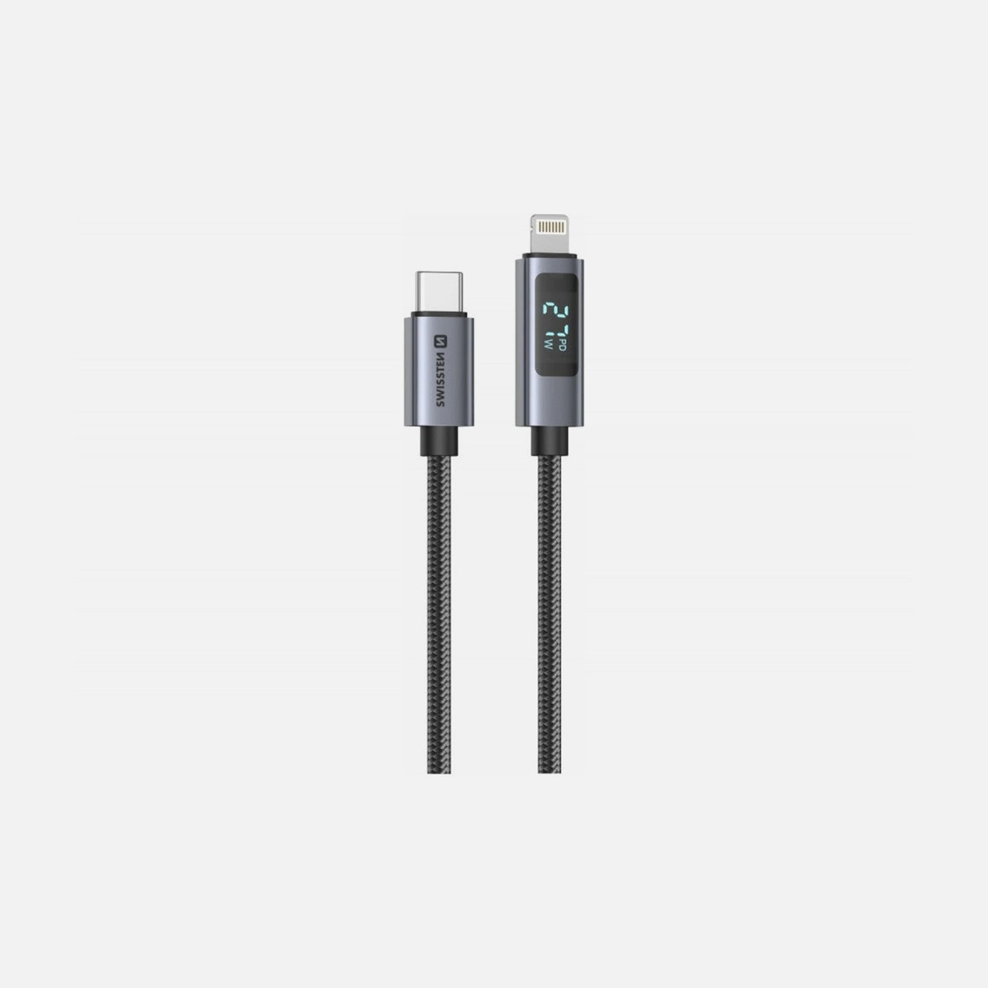 Swissten USB-C to Lightning Cable 1.5m 30W with LCD Display – Nylon Braided, Black