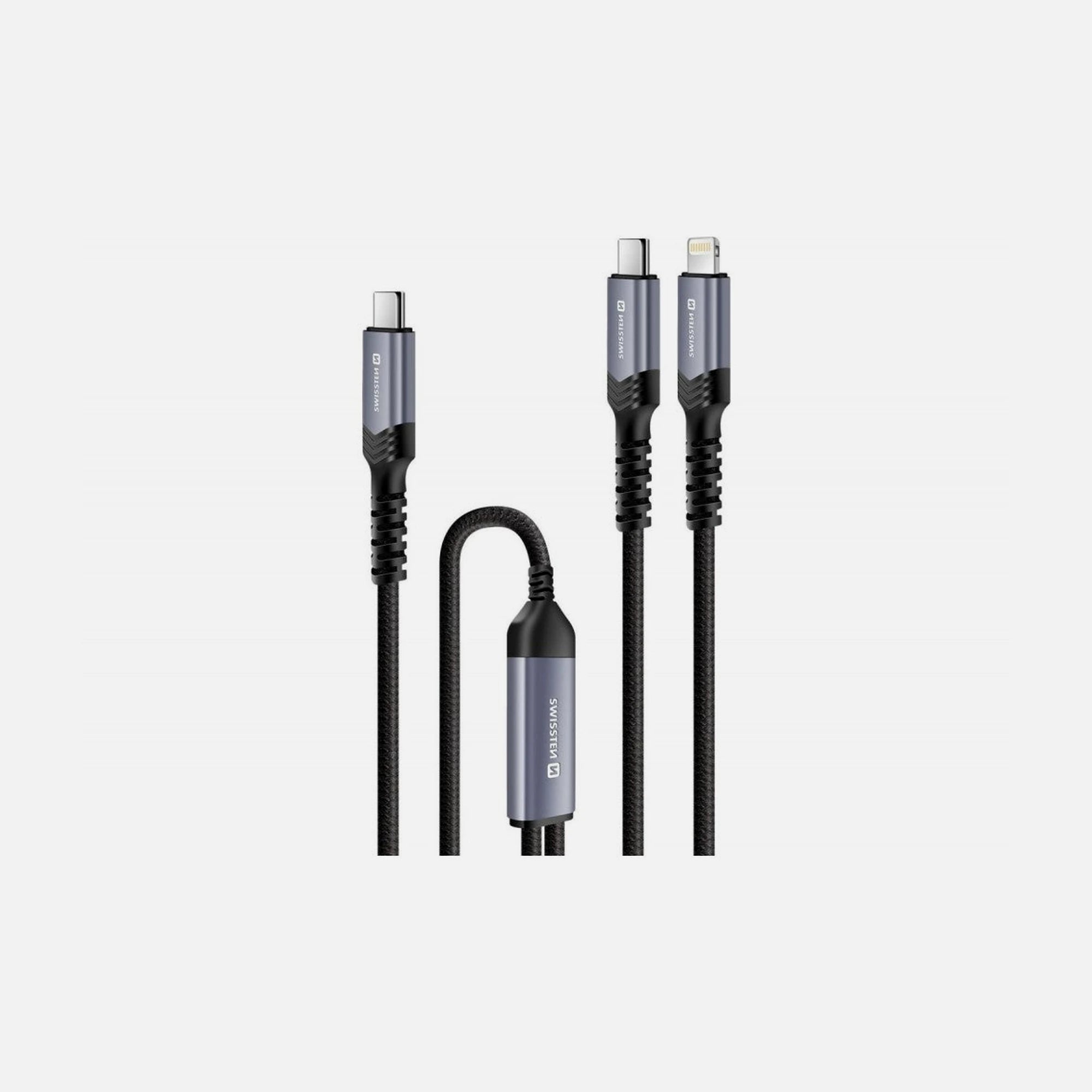 Swissten 2-in-1 USB-C to USB-C + Lightning Cable 1.5m 100W Total – Black
