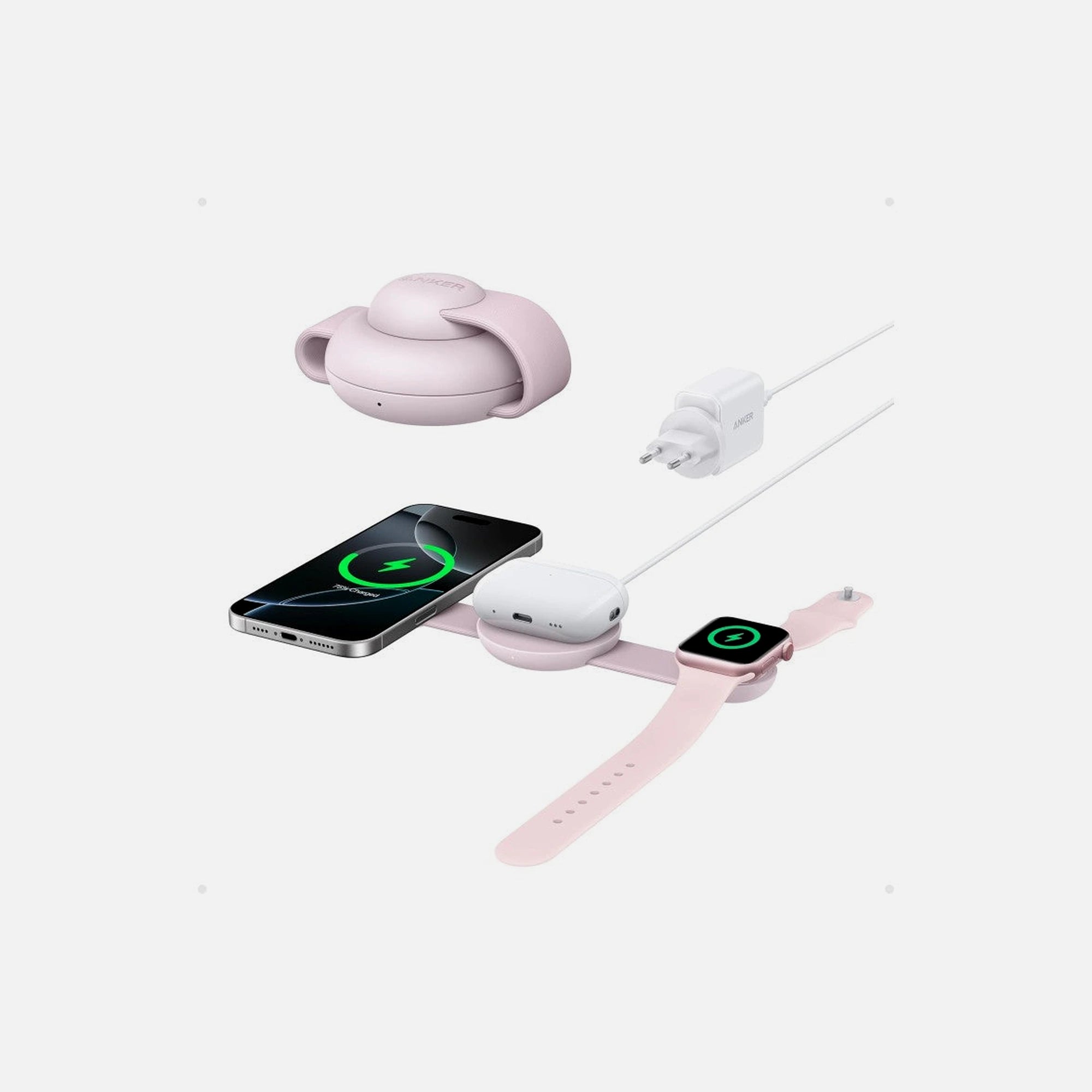 Anker MagGo 3-in-1 Qi2 MagSafe Wireless Charger 15W – iPhone + Apple Watch + AirPods, Pink