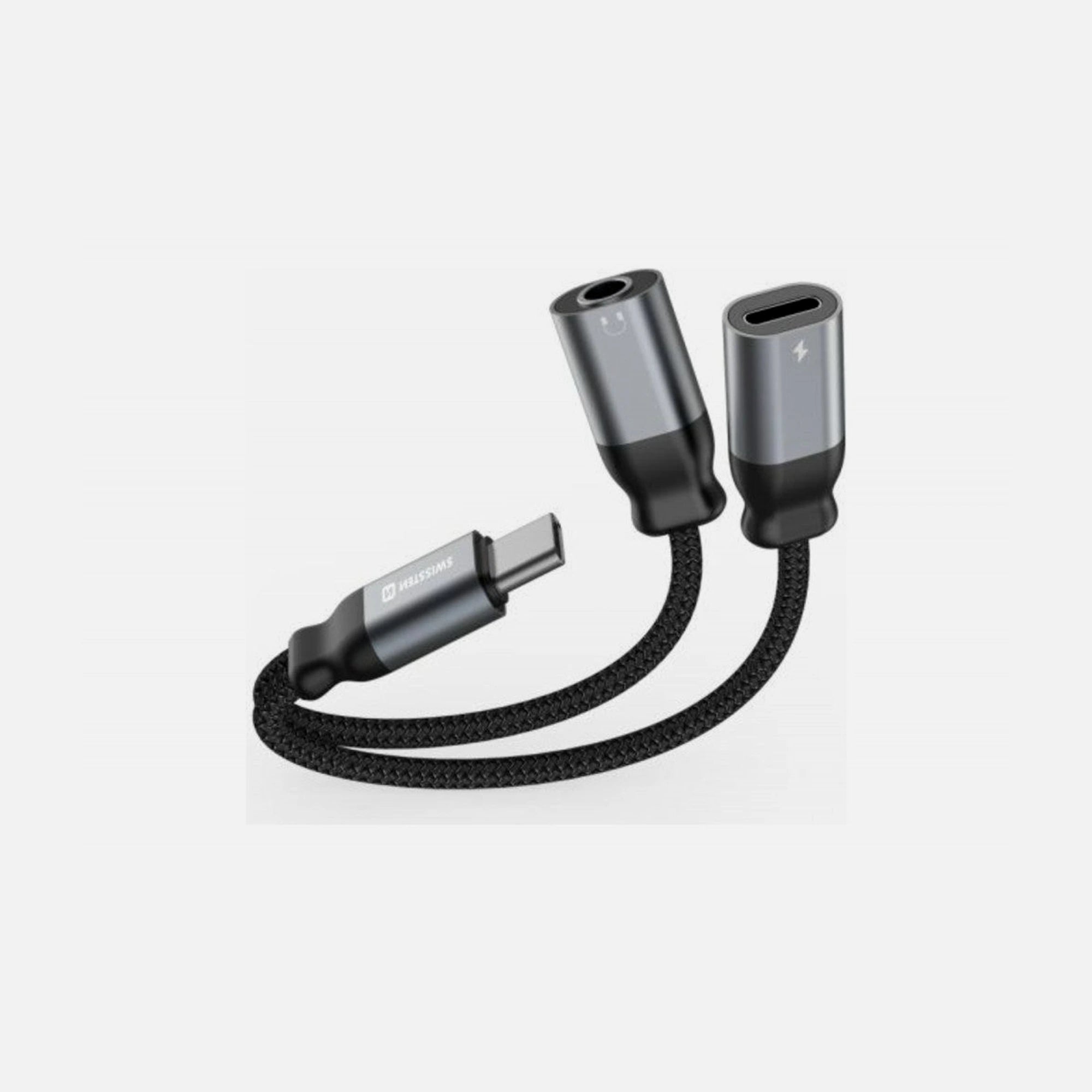 Swissten Textile USB-C Audio + Charging Adapter – USB-C Male to USB-C Female + 3.5mm AUX, 12cm, Black