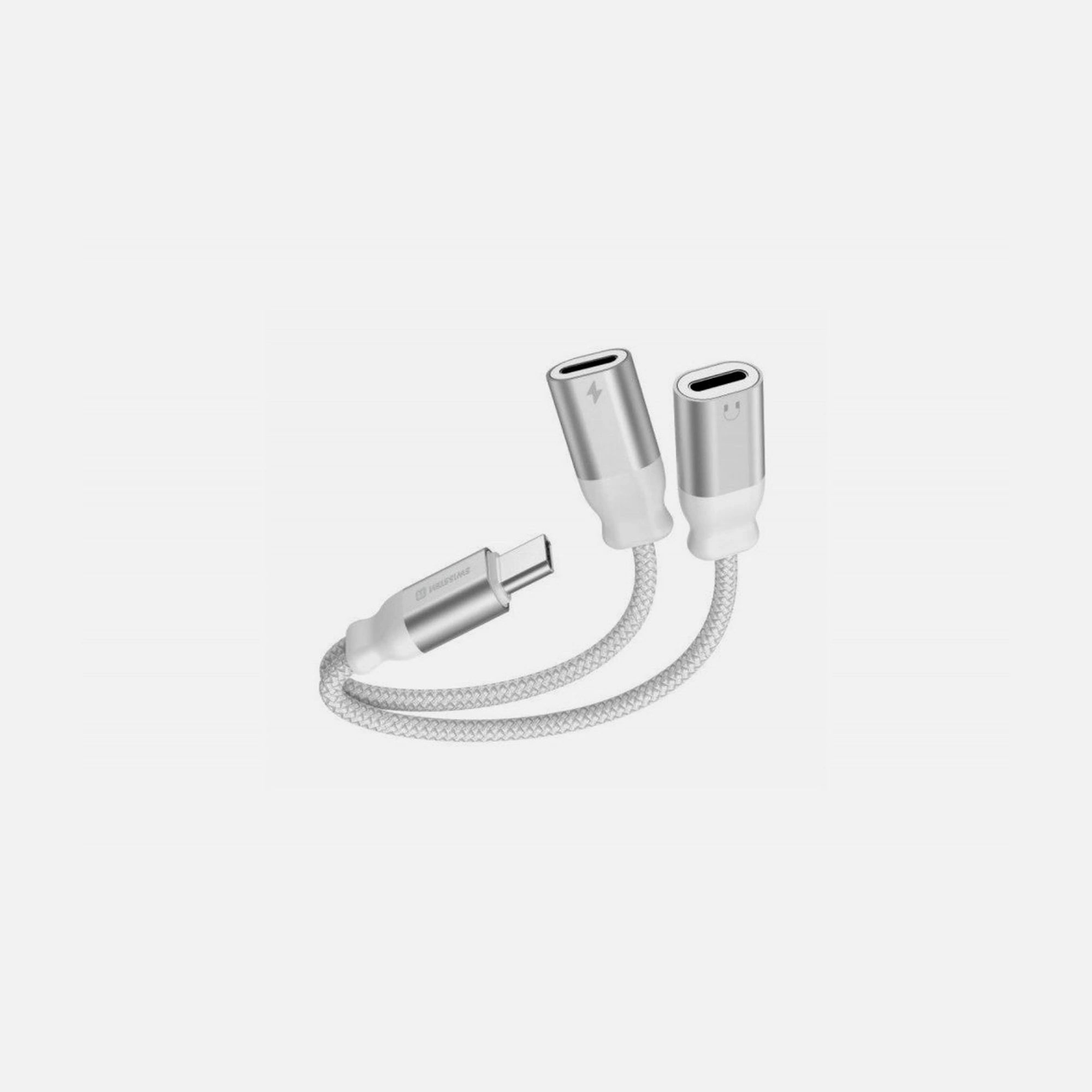 Swissten 2-in-1 USB-C Splitter – USB-C Male to 2× USB-C Female Audio + Charging, 12cm, White