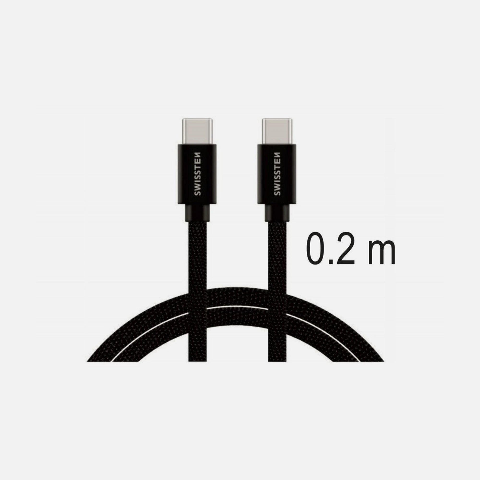 Swissten Textile USB-C to USB-C Cable 20cm – 60W, Nylon Braided, Aluminium Connectors, Black