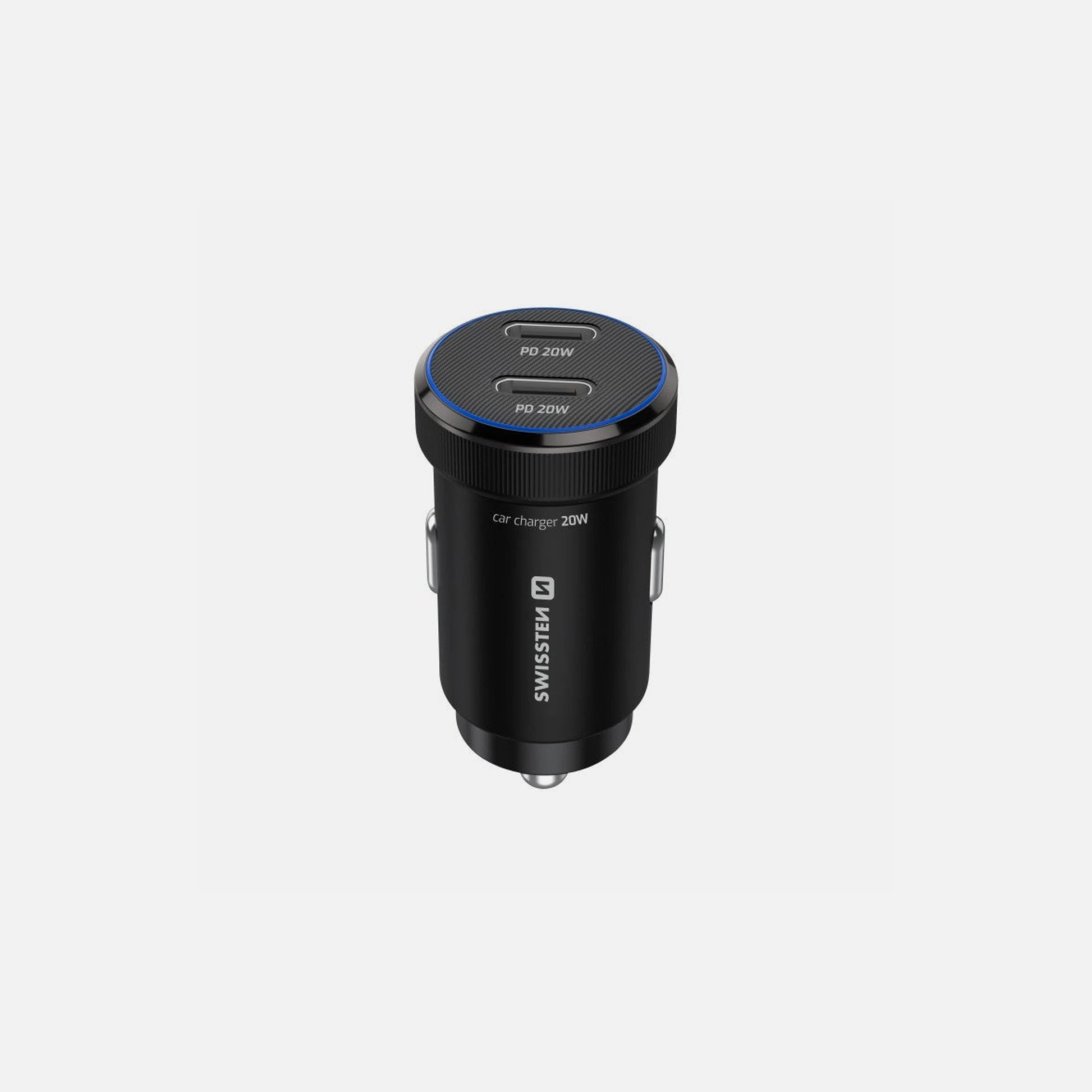 Swissten Car Charger 20W – Dual USB-C PD 3.0 with USB-C Cable, Black