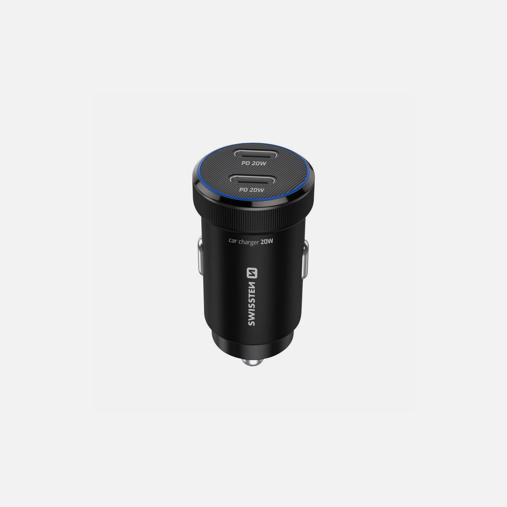 Swissten Car Charger 20W – Dual USB-C PD 3.0 with USB-C Cable, Black