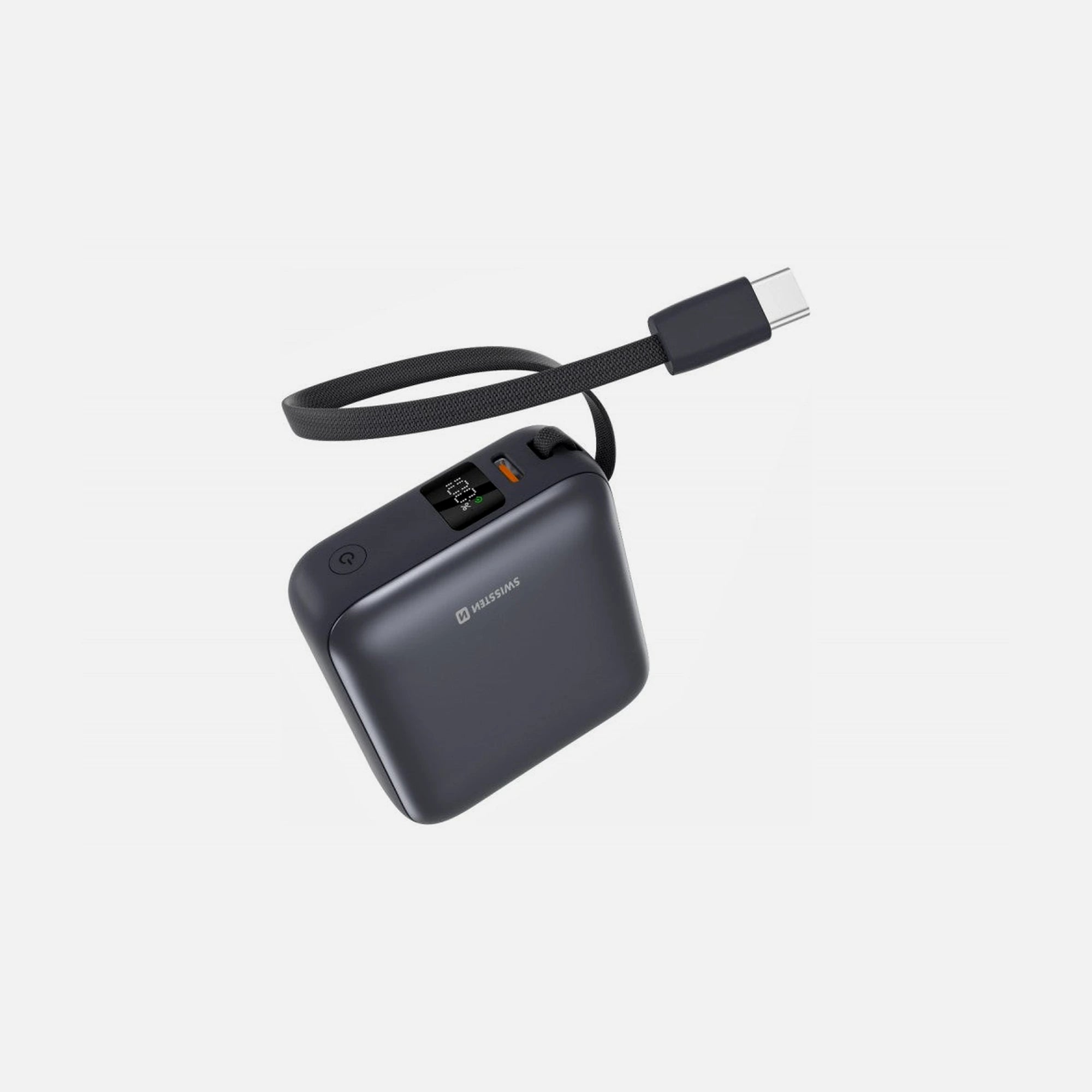 Swissten Space Power Bank 10000mAh 35W – LCD Display, USB-C + Built-in USB-C Cable, Silver