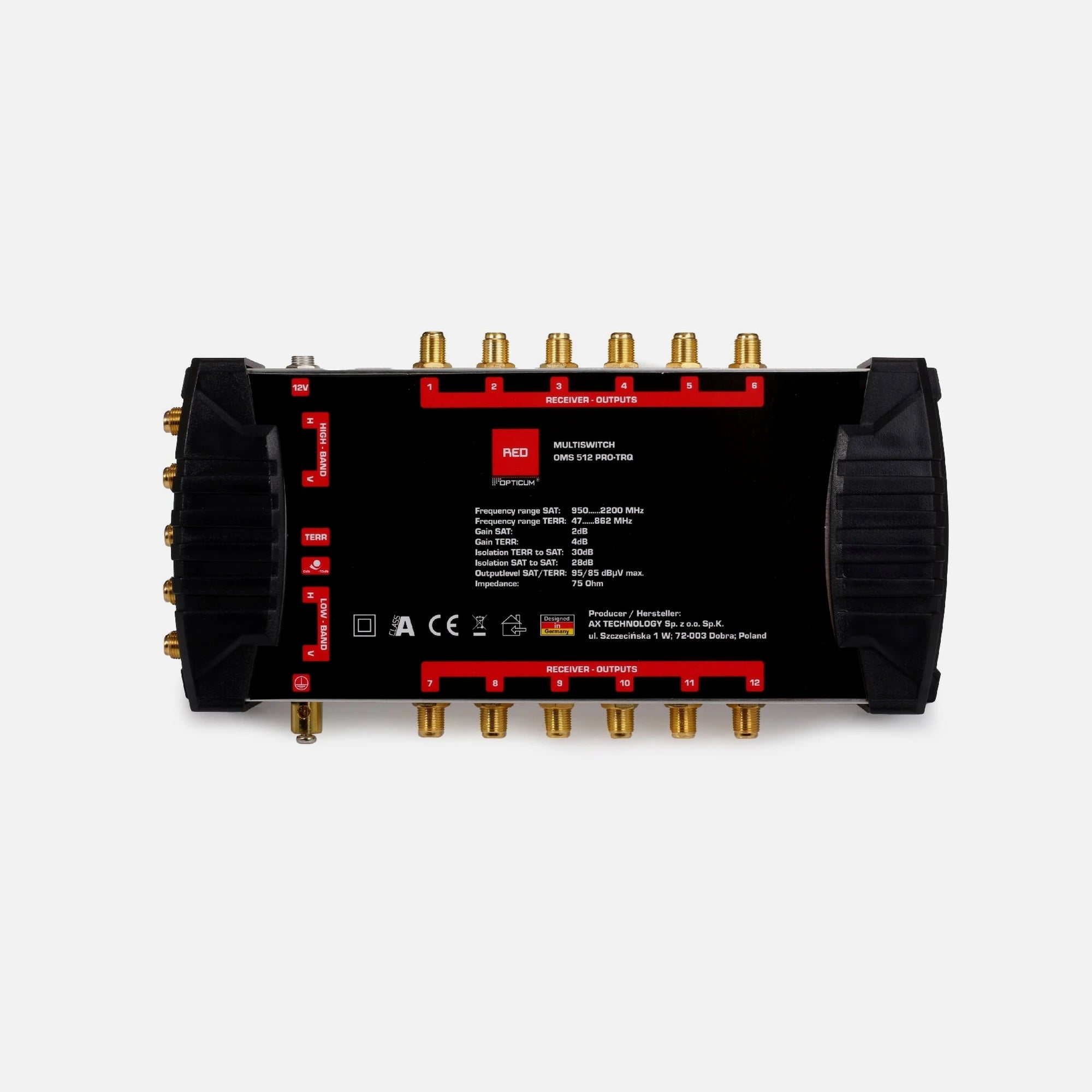 Opticum OMS 5/12 PRO-TRQ Multiswitch 5-In / 12-Out – 1 Satellite + Terrestrial, 4K UHD, Amplified