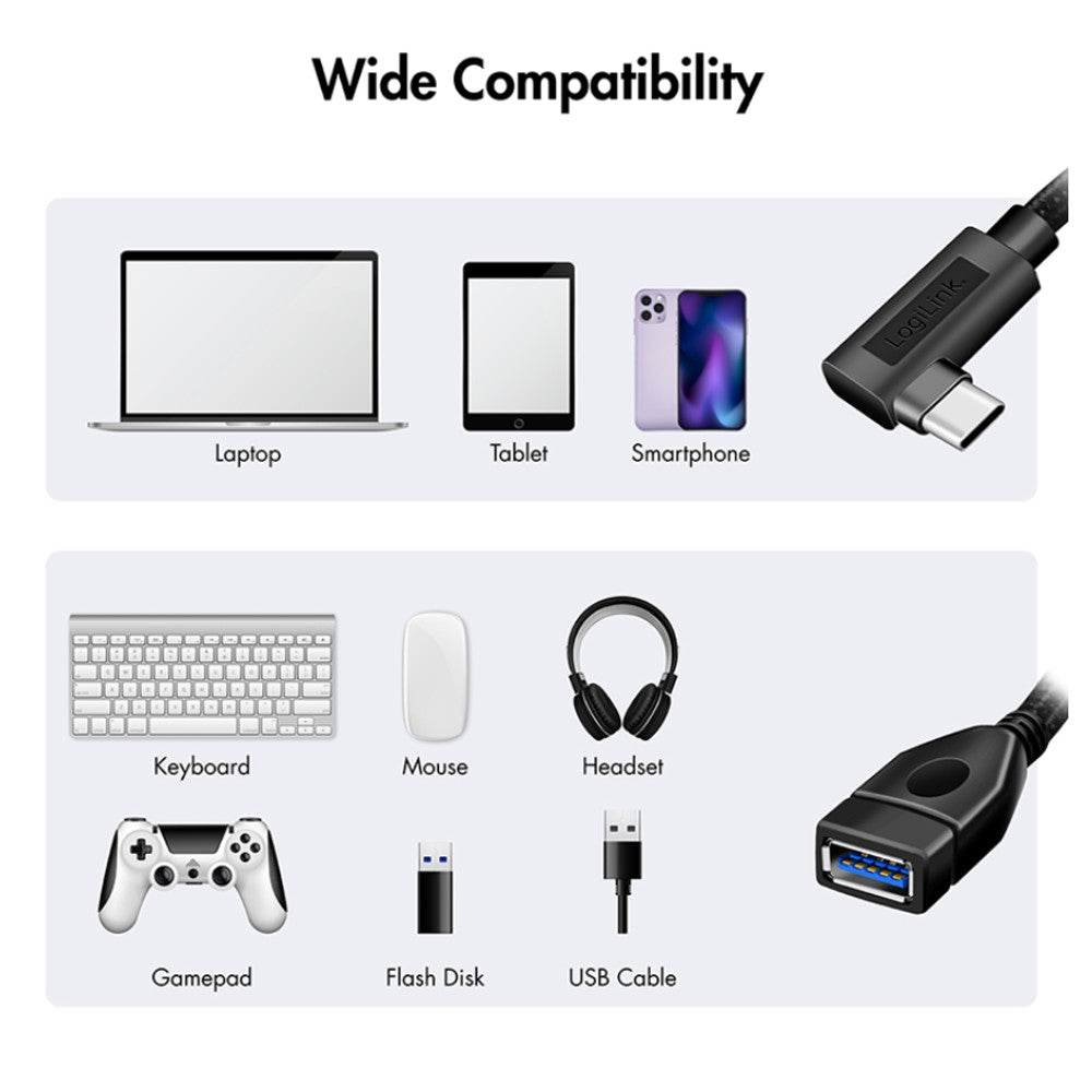 LogiLink ICOC UOTG-32C9MAF USB-C OTG Adapter Cable – 10Gbps, 90° Angled & 0.2m