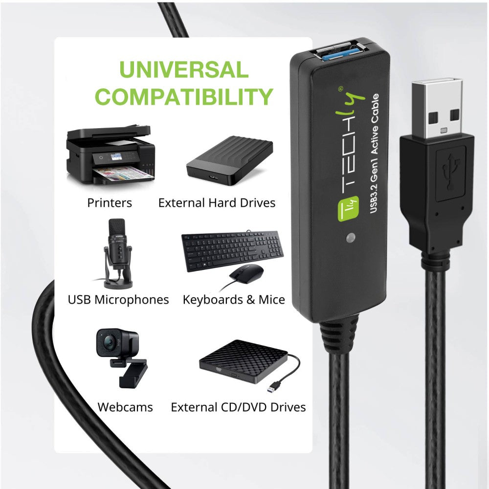 Techly ICUR30100G USB 3.2 Active Extension Cable – 10m, 5Gbps & Bus-Powered