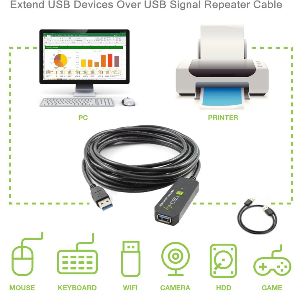 Techly ICUR30100G USB 3.2 Active Extension Cable – 10m, 5Gbps & Bus-Powered